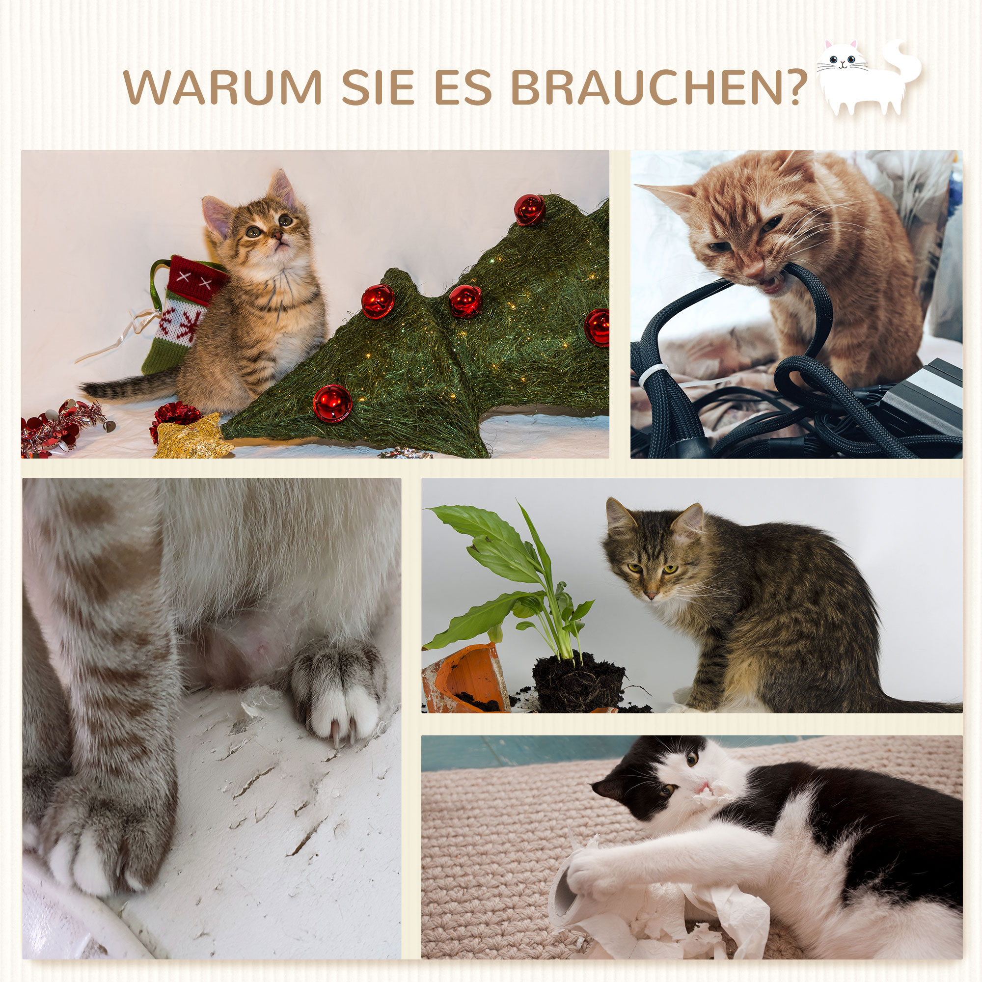 Kletterstufen, Kletterwand, Katzentreppe, 4-tlg. Set, mit Kratzbaum, Hängematte, grau+cremeweiß, 40 x 28 x 73cm
