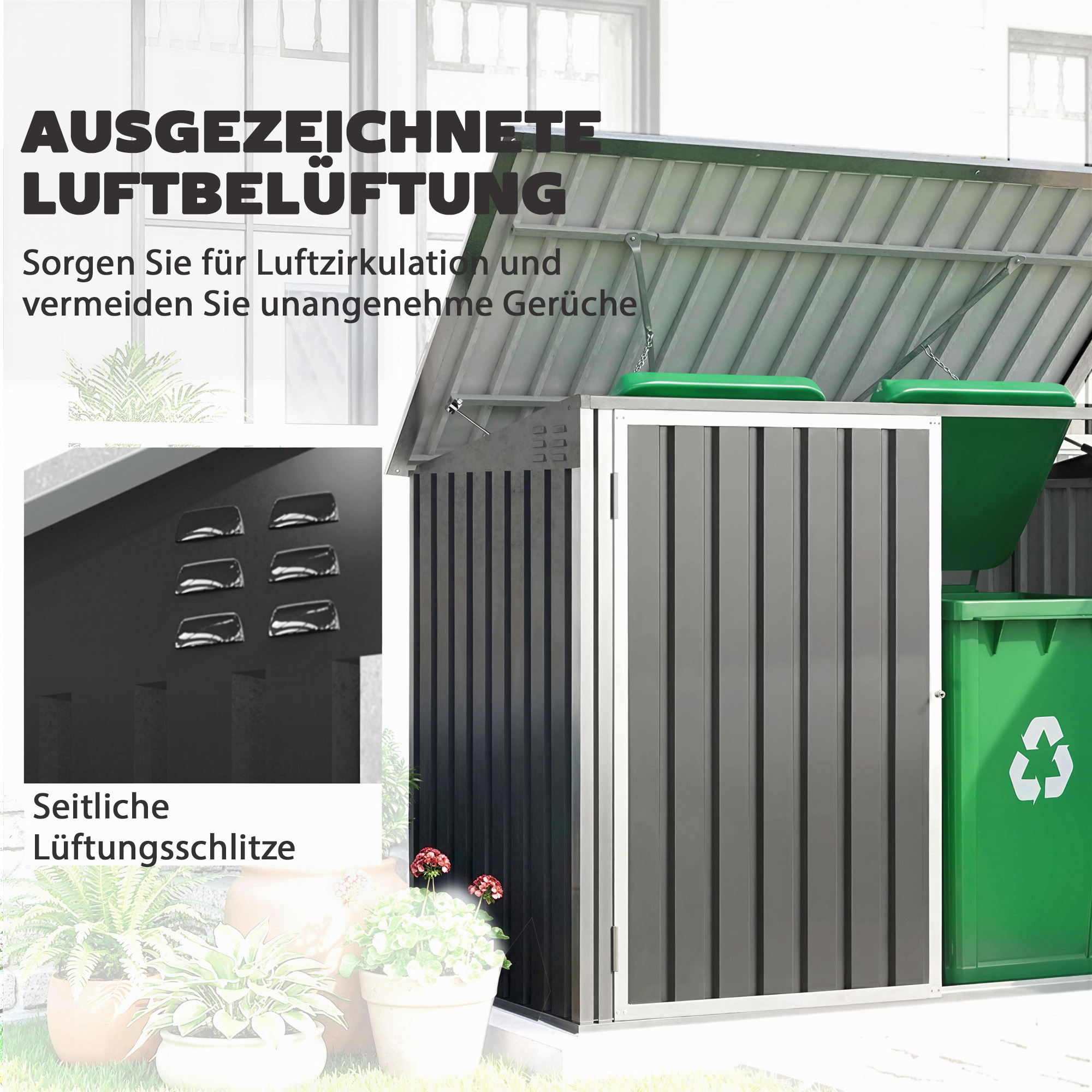 Mülltonnenbox für 2 Mülltonnen aus verzinktem Stahl Müllbox mit Klappdeckel Gasdruckfeder Doppeltür Belüftungsöffnungen