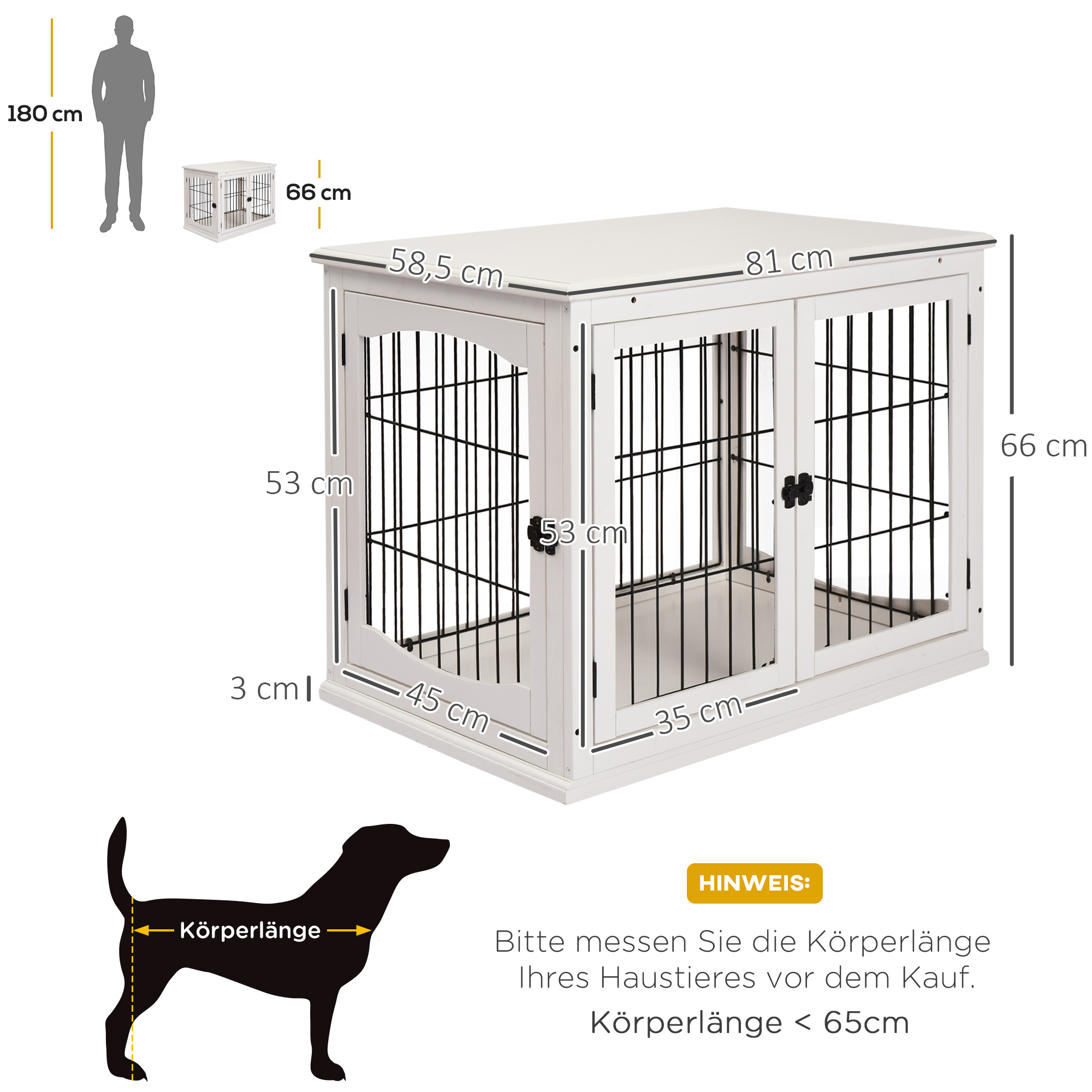 Transportbox für Hunde 58,5 cm x 81 cm x 66 cm Türen, MDF-Holz Eisen, 58, 5 cm x 81 cm x 66 cm, Weiß