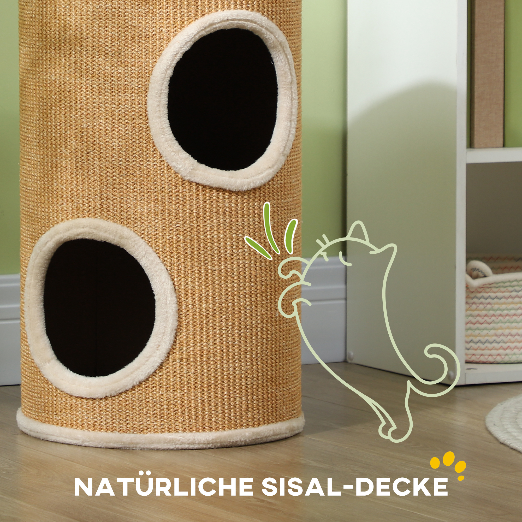 Katzenbaum mit viel Platz, Plüschbezug, Sisal-Oberfläche, ?35 x 60H cm, Braun-Beige, 10 kg