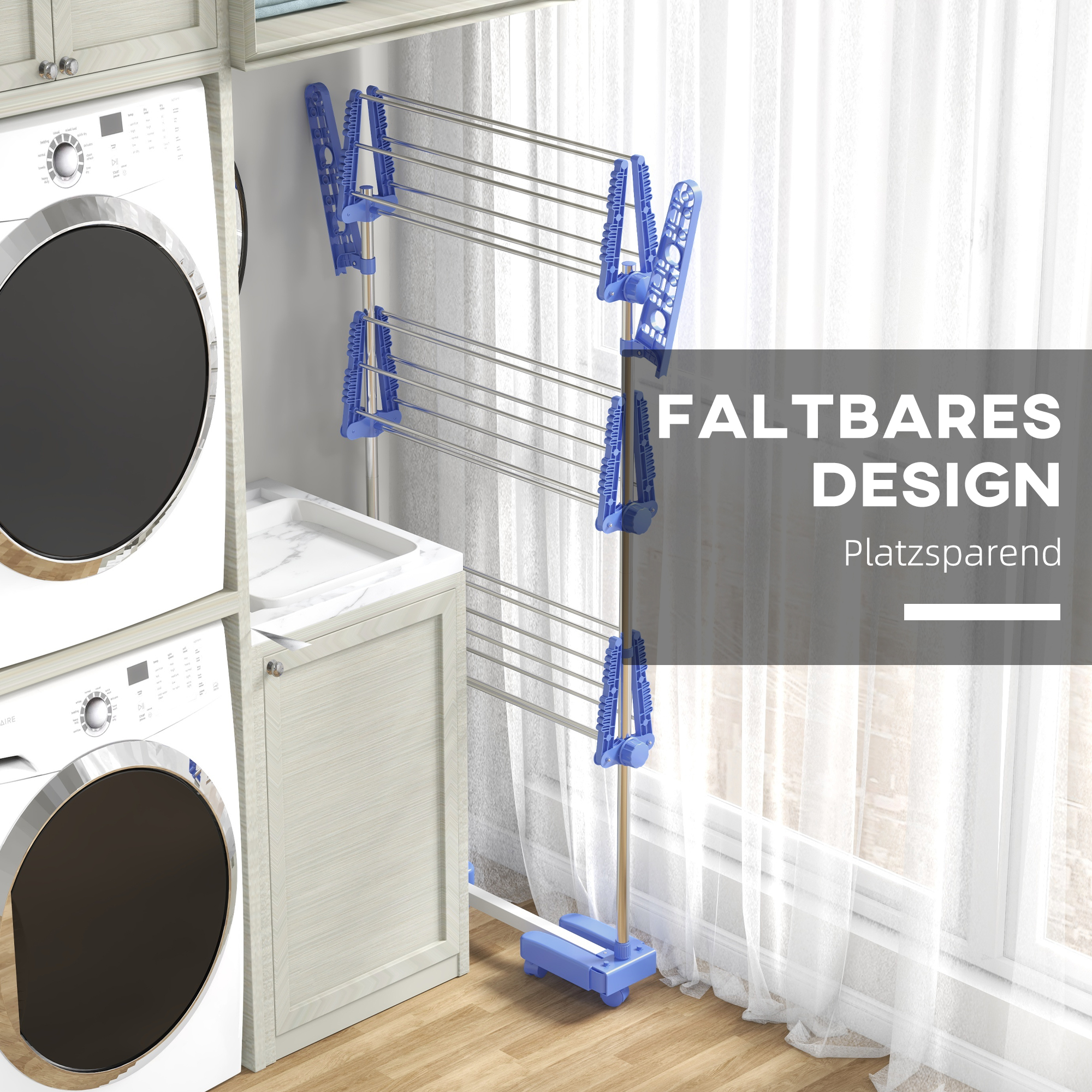 Wäschenständer Wäschetrockner. 4 Ebenen, klappbar, One-Klick-System, 142 cm x 55 cm x 152 cm Blau + Silber