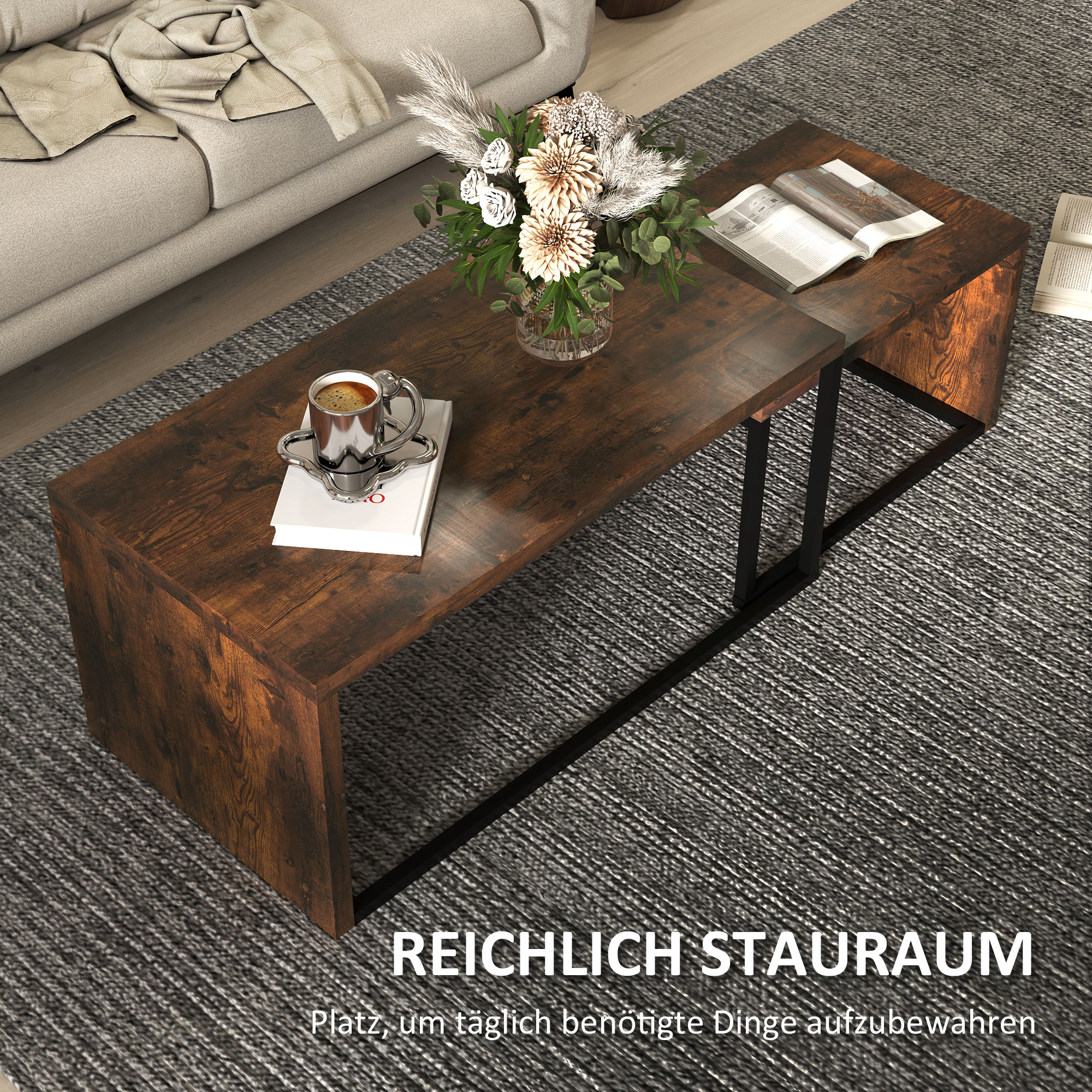 2er-Set Couchtisch, Sofatisch, Beistelltisch, Spanplatte, Metall, 90 x 48 x 42 cm/59 x 42 x 36 cm, Schwarz+Braun