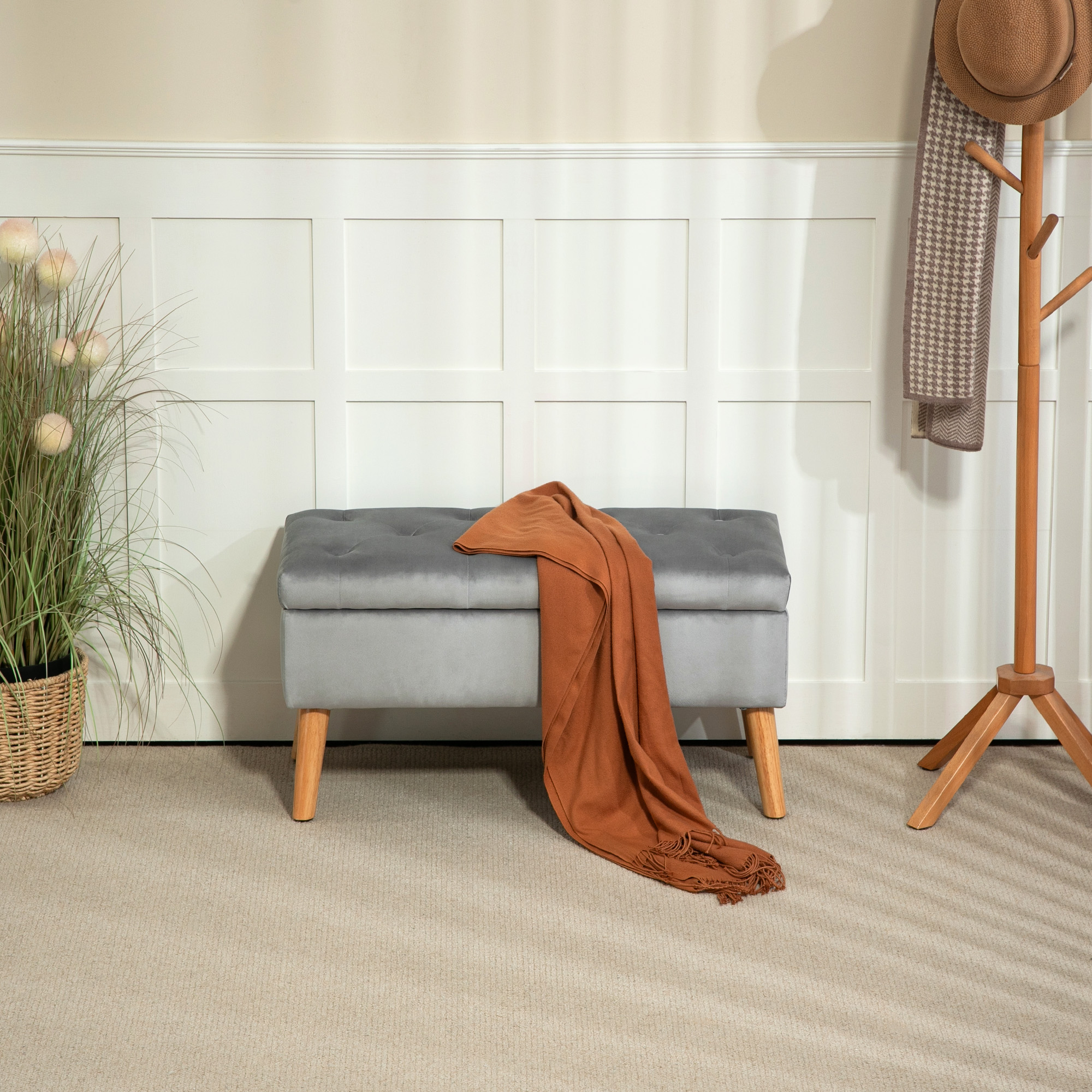 Polsterbank mit Stauraum, Stoffbezug in Samtoptik, Holzbeine, für Wohnzimmer, Schlafzimmer, Flur, 80 x 35 x 40 cm, Grau