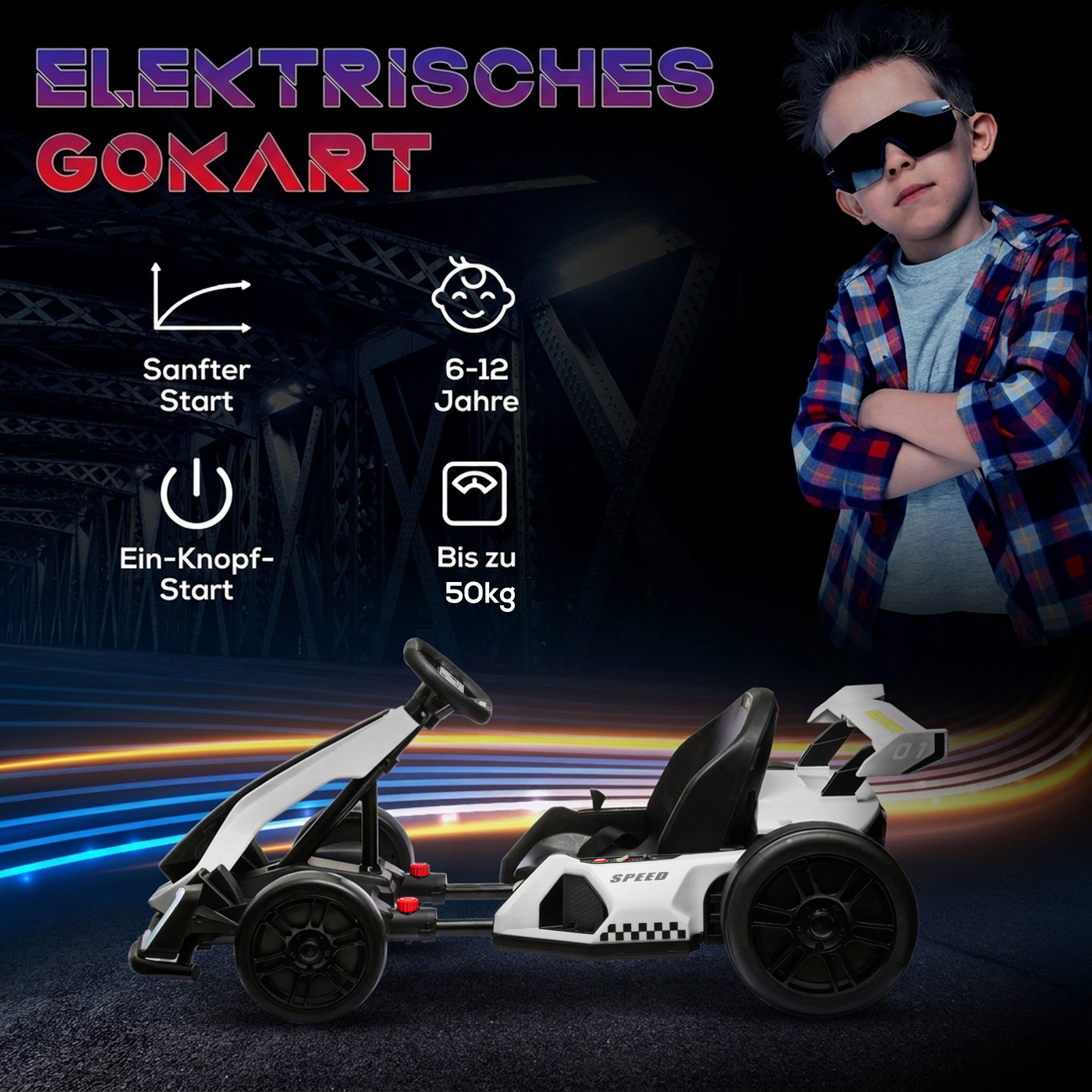 24V Elektro Go-Kart, für Kinder, bis 12 Km/h Gokart mit Drift-Funktion, 2 Motoren, verstellbarer Sitz, Sanftanlauf. schwarz-weiß