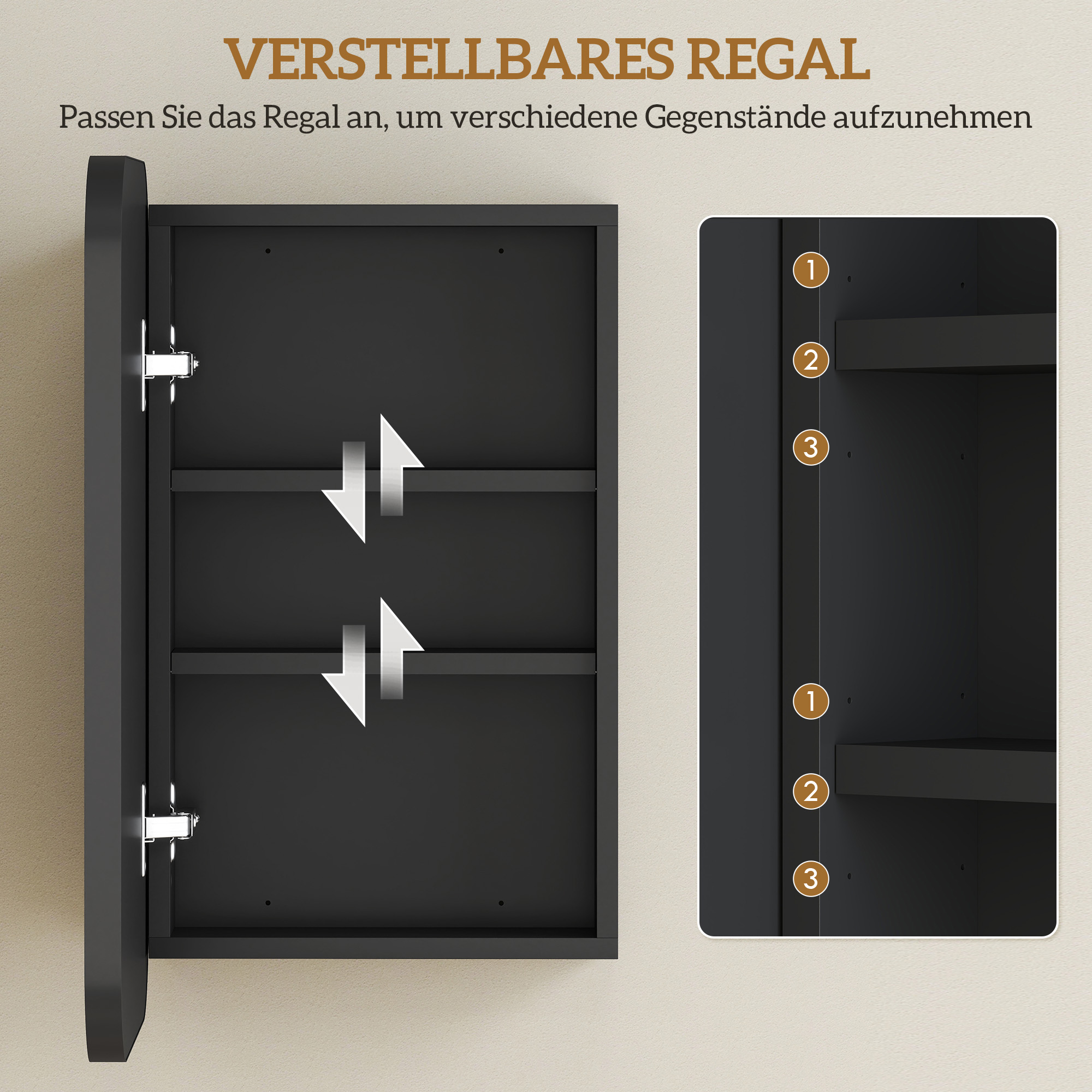 Spiegelschrank Bad, Badezimmerschrank mit Spiegel, Hängeschrank mit Verstellbarem Regal, 40 x 10 x 60 cm, Schwarz