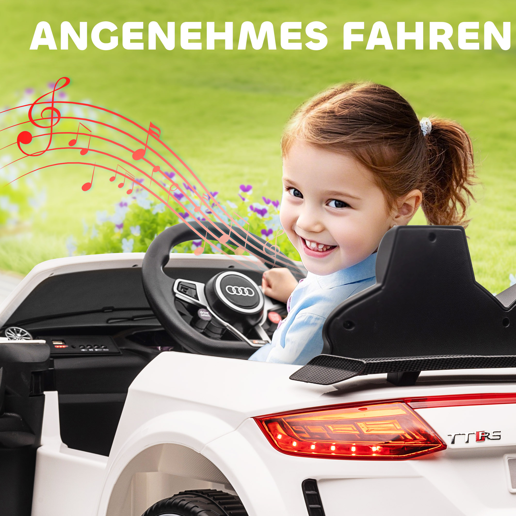 Kinderfahrzeug Audi TT RS Roadster, 3 km/h, Fernbedienung, LED, USB, weiß