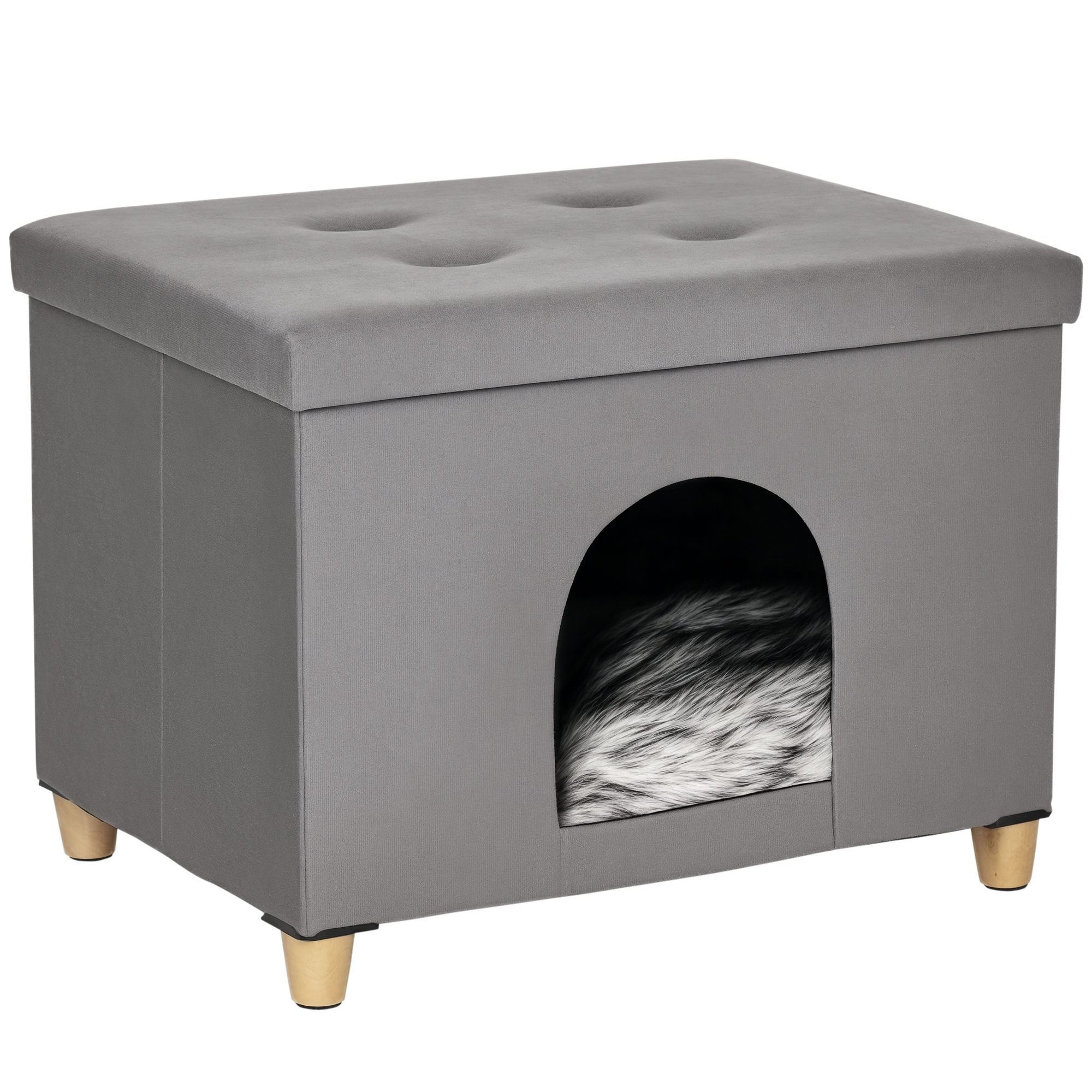 2-IN-1 Katzenhöhle Fußhocker mit Kissen Holzbeine Katzenhaus Katzenkorb weich gepolstert Ottomane elegantes Design abnehmbar MDF Plüsch Grau 60 x 45 x 44,5 cm