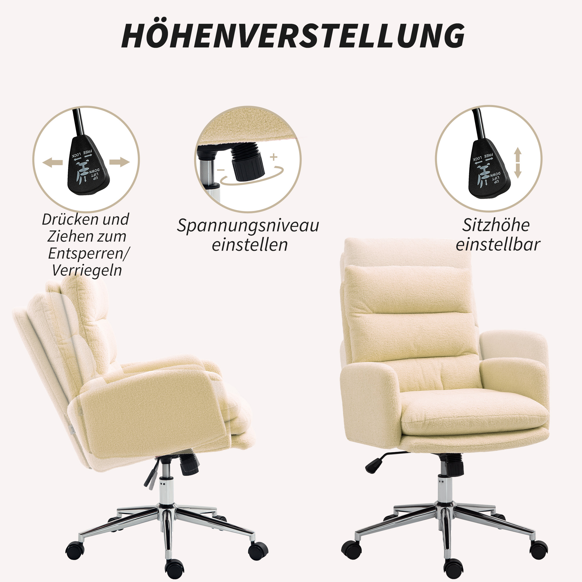 Bürostuhl, Schreibtisch-Polsterstuhl, Kippfunktion, drehbar, rollbar, Cremeweiß