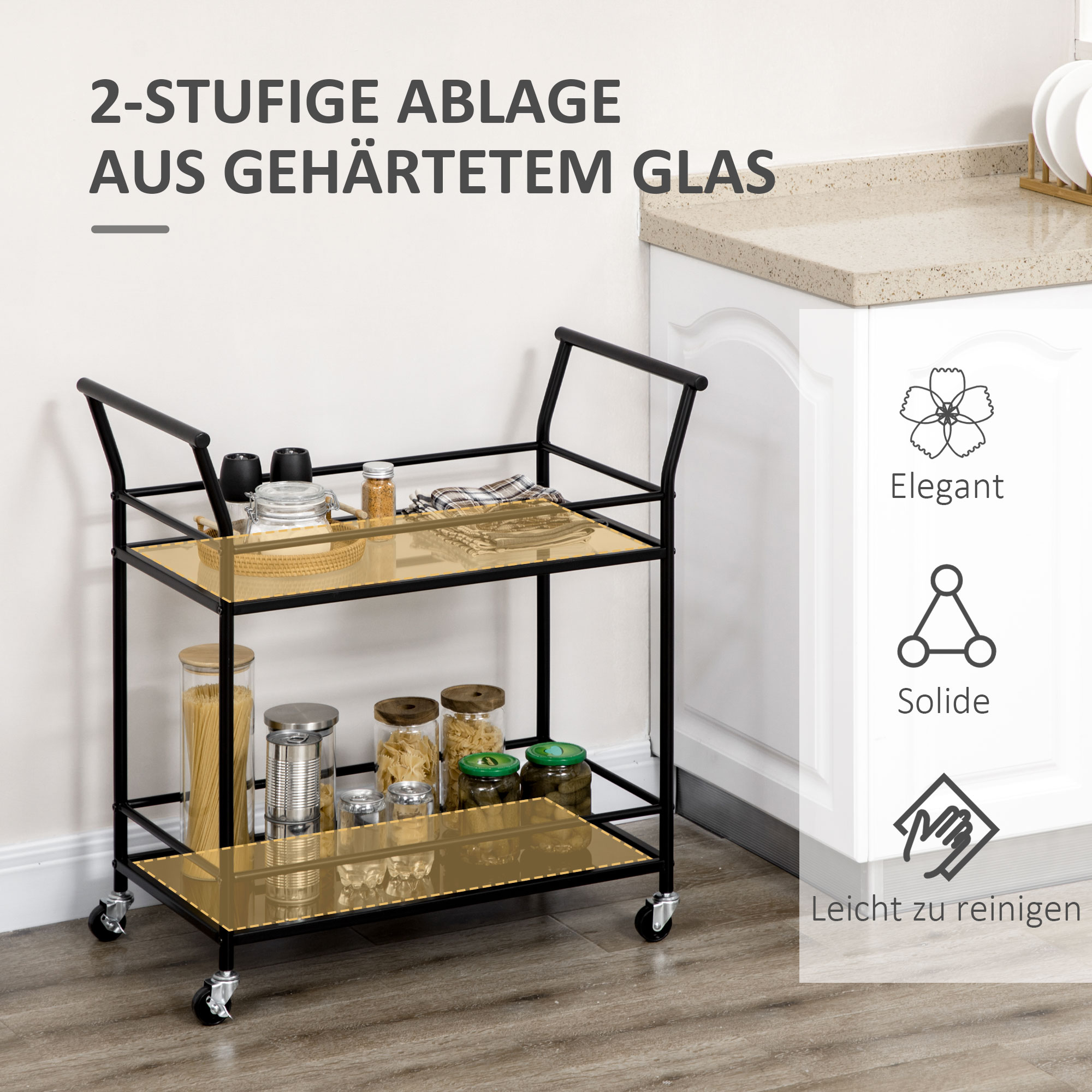 Küchenwagen mit 4 Rollen, 2 Ablagen und Griffen, 75 cm x 40 cm x 80 cm, Schwarz