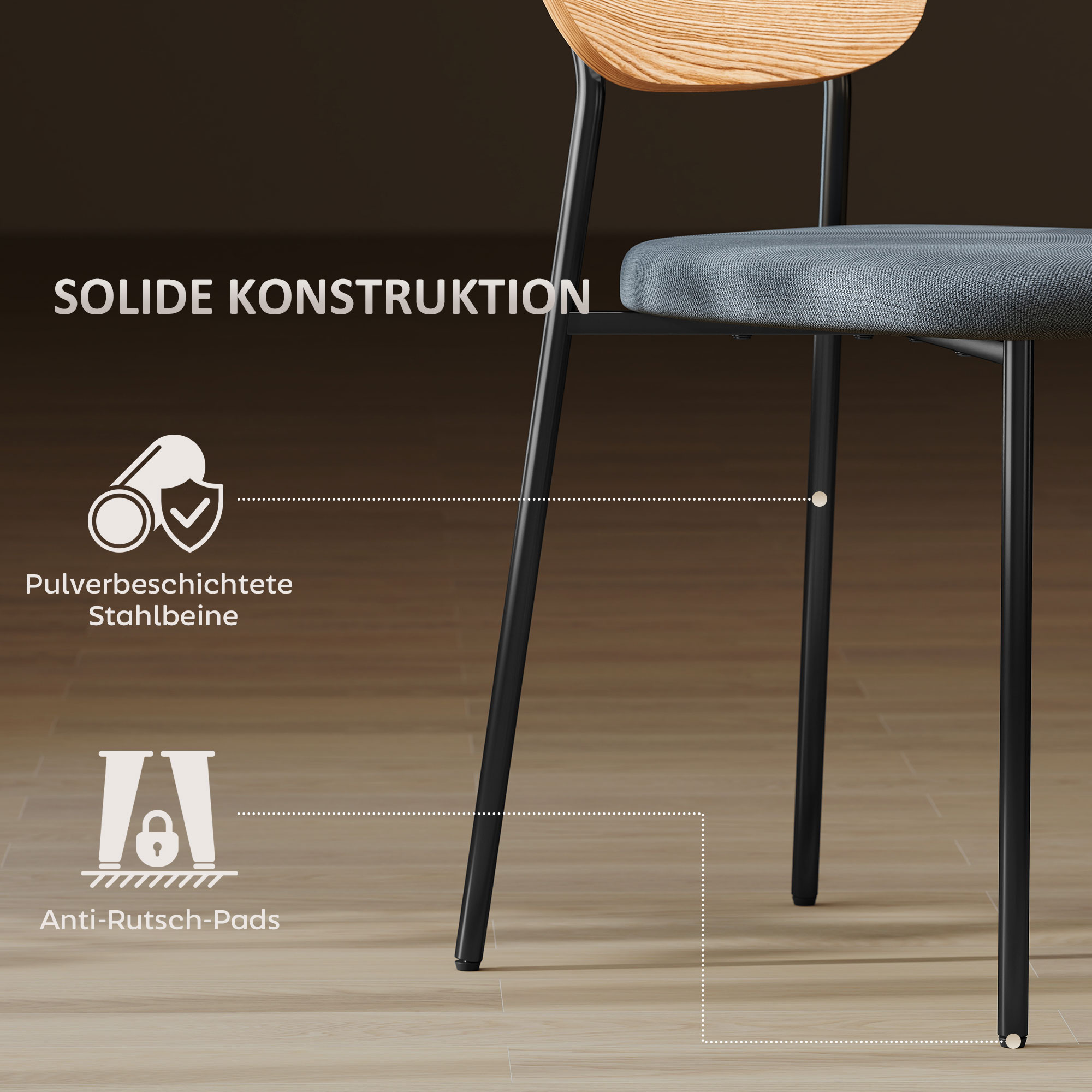 2er-Set Esszimmerstühle, Leinenoptik, armloses Design, Metallbeine, Grau