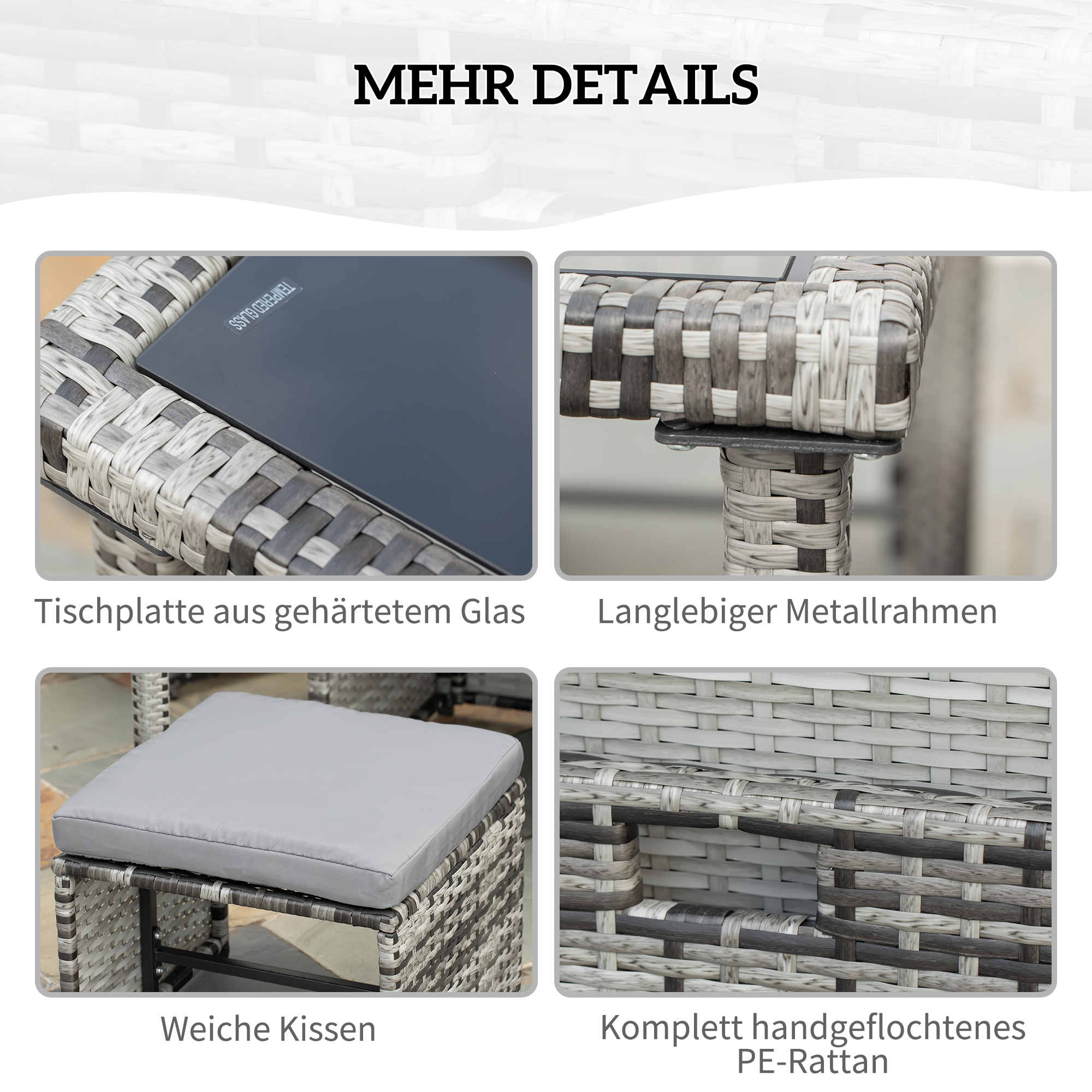 Polyrattan Sitzgruppe für 4 Personen Essgruppe Gartenset Garnitur mit Kissen, Grau