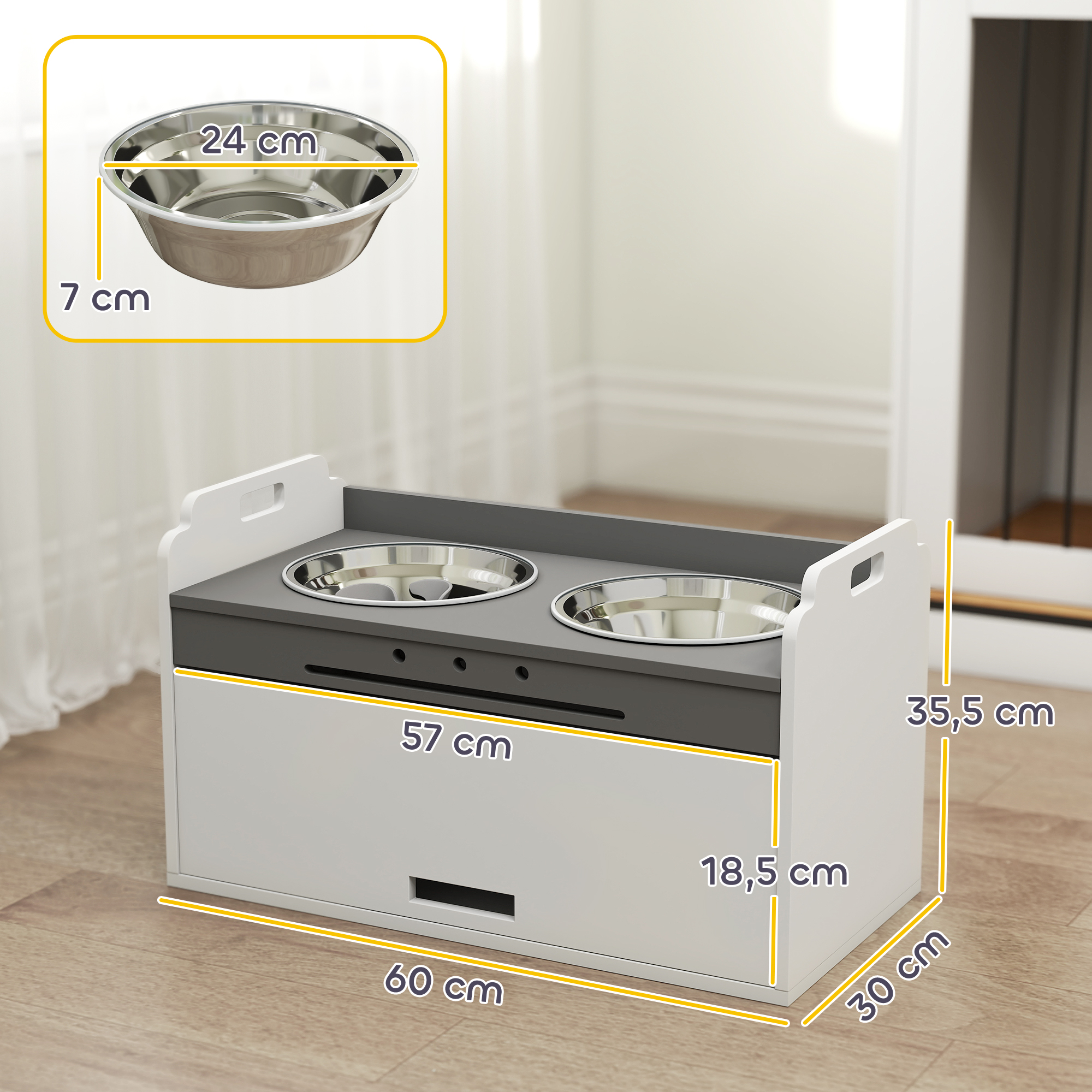 Hundenapf erhöht Futternapf mit Aufbewahrungsschrank, 2 Schüsseln mit Anti-Rutsch-Ringe, 60 x 30 x 35,5 cm, Weiß