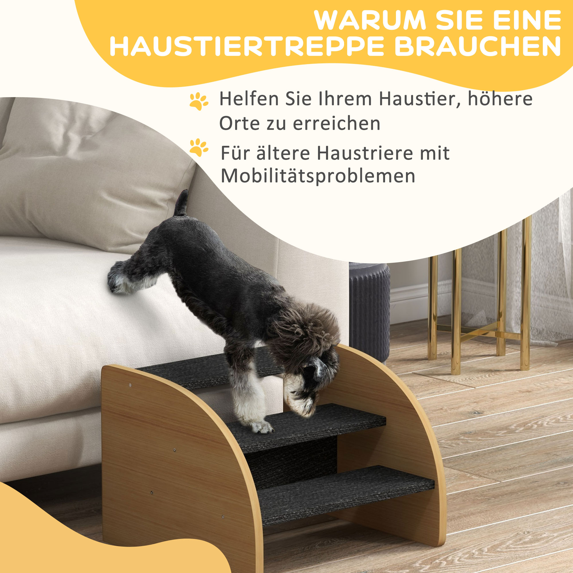 Haustiertreppe Hundetreppe, 3 Stufen, kleiner Hund, 38,5 cm x 38,5 cm x 30 cm, Eiche + Schwarz
