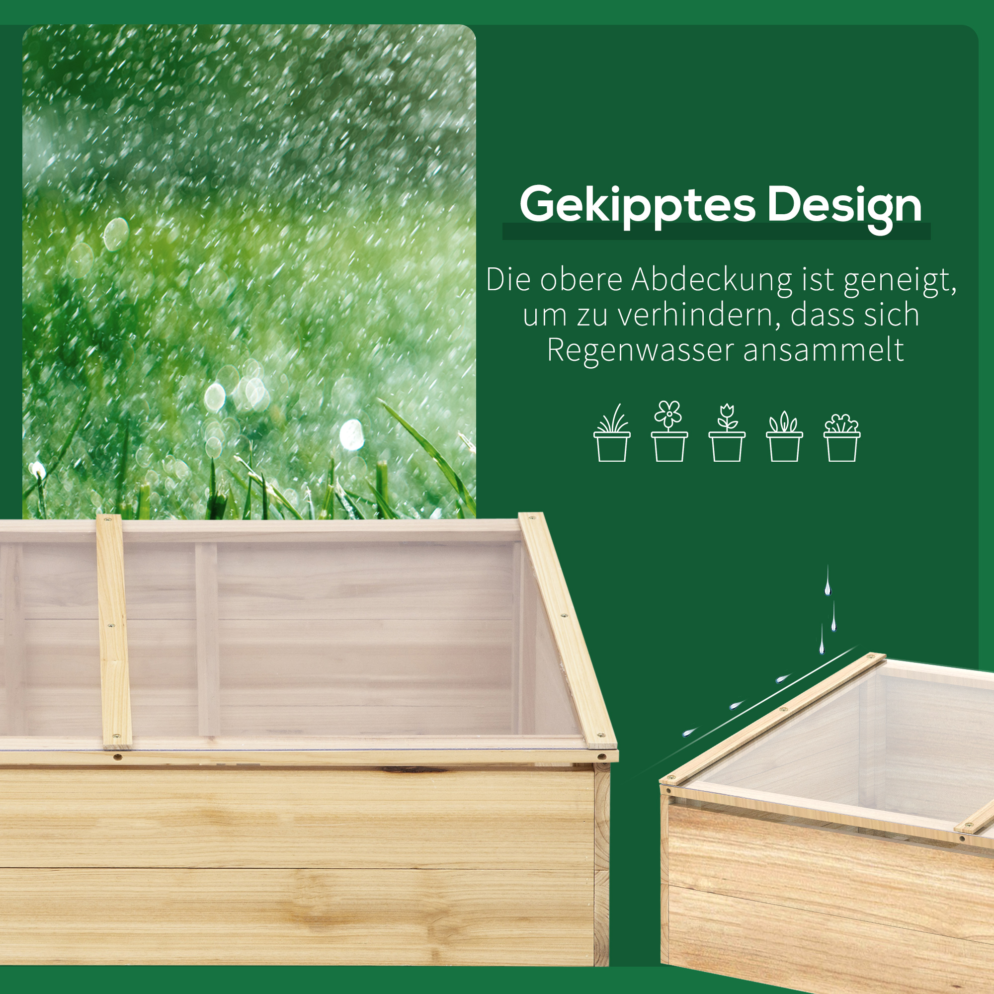 Gewächshaus Holz Frühbeet Frühbeetkasten Treibhaus Garten & Pflanzkasten-System für Garten Balkon, 100 x 50 x 35 cm, Natur, Tanne, PC-Platte