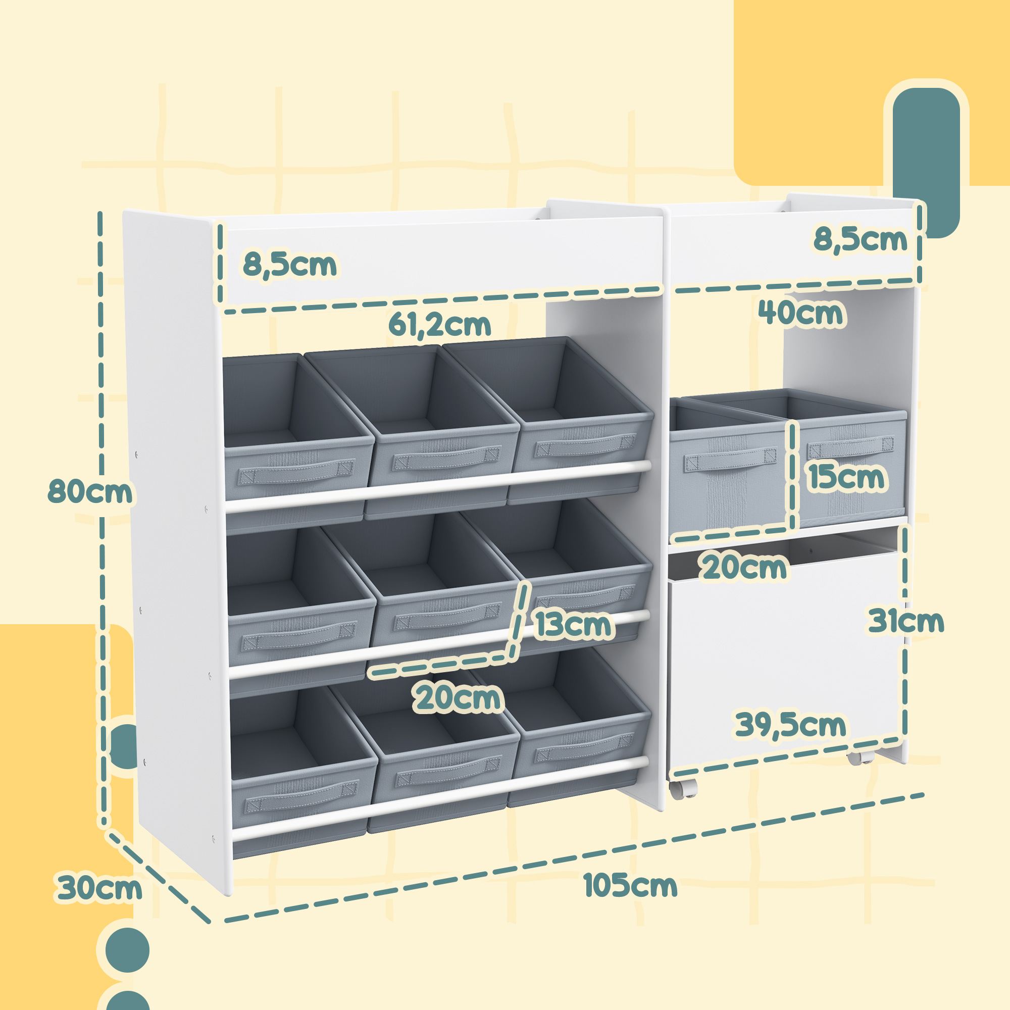 Kinder-Aufbewahrungsregal, Spielzeugschrank für Kinder mit 11 Stoffboxen, oberen Fächern, 3 Stickern, Weiß