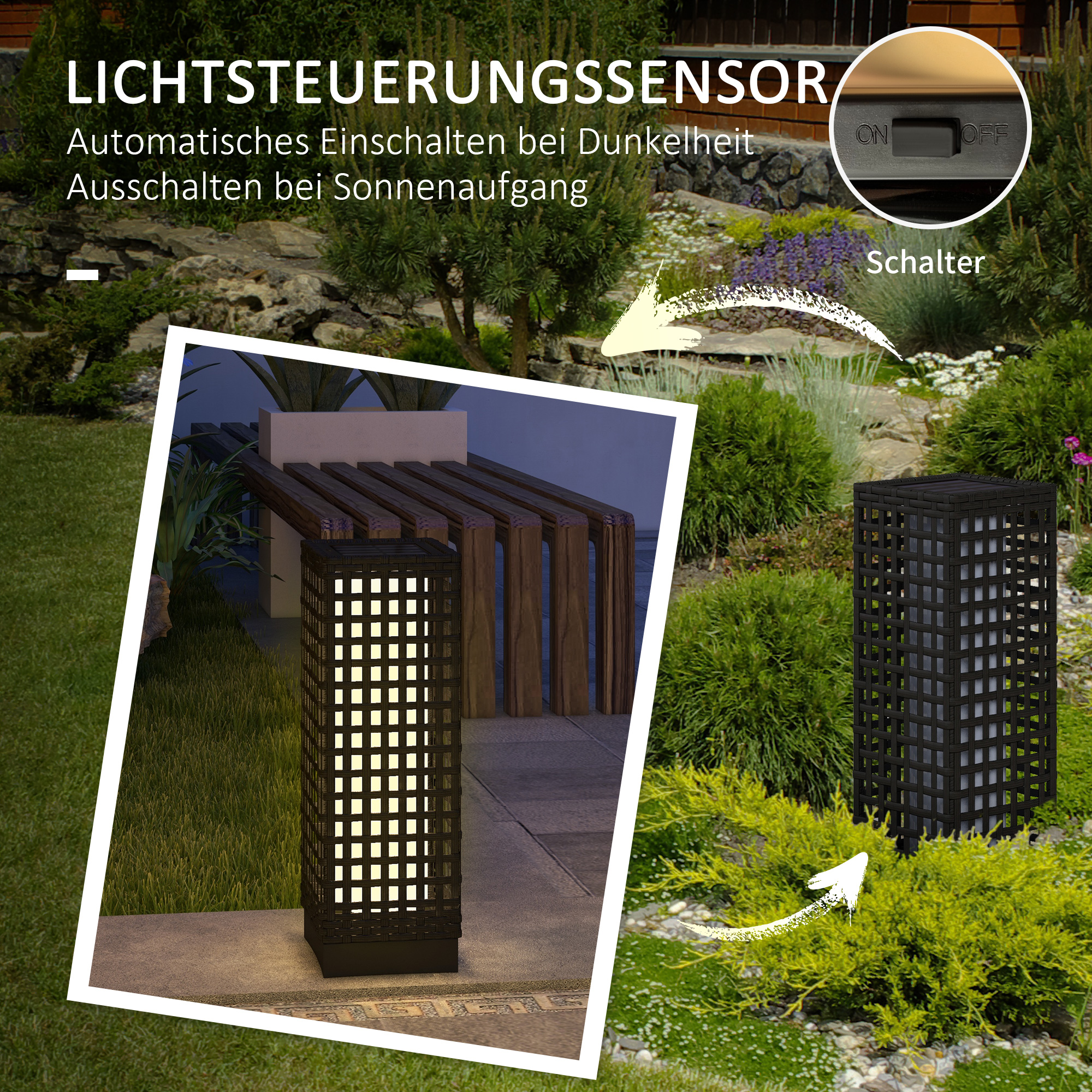 Außenleuchte mit Solarmodul, Einschaltautomatik, 8 h Betriebszeit, Rattanoptik, Stahl, 15,5 x 15,5 x 46 cm, Schwarz