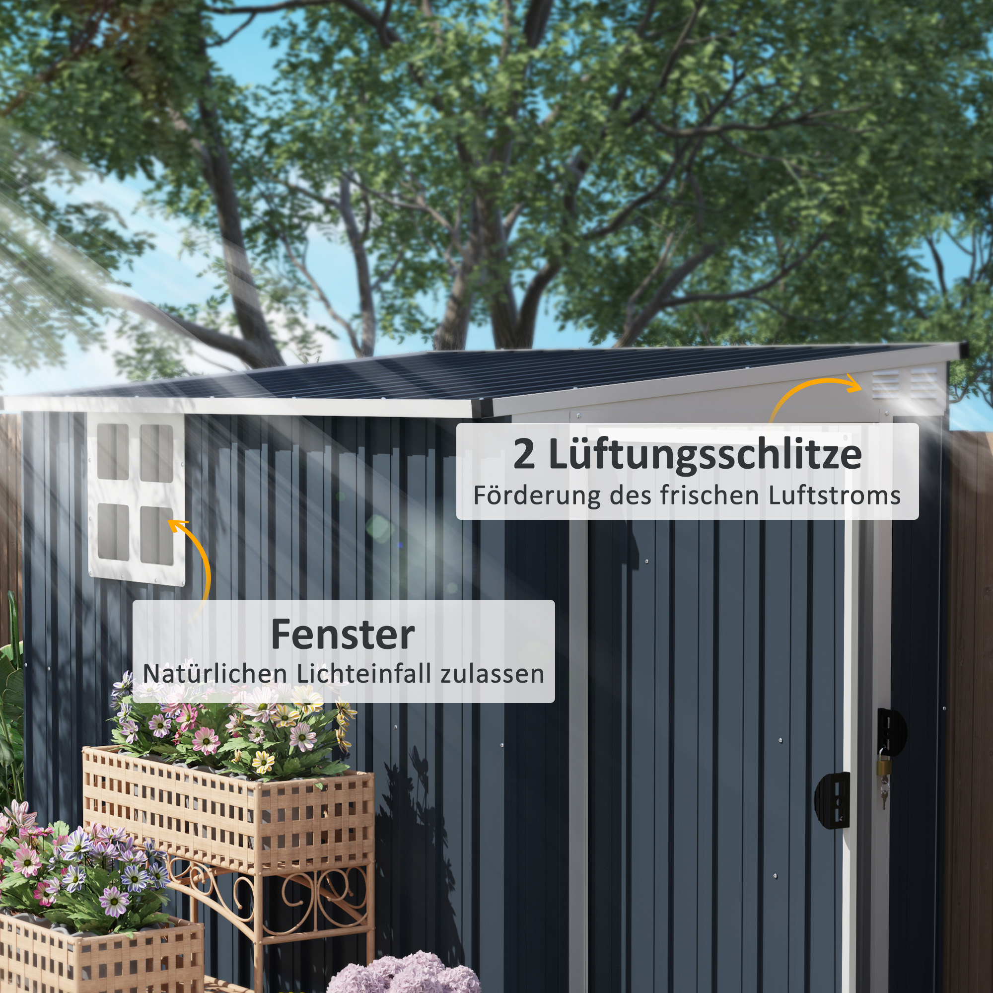 Gartenlagerschuppen, Werkzeugschuppen für Gartengeräte, Fenster, Lüftungsöffnungen, abschließbar, Stahl, Dunkelgrau