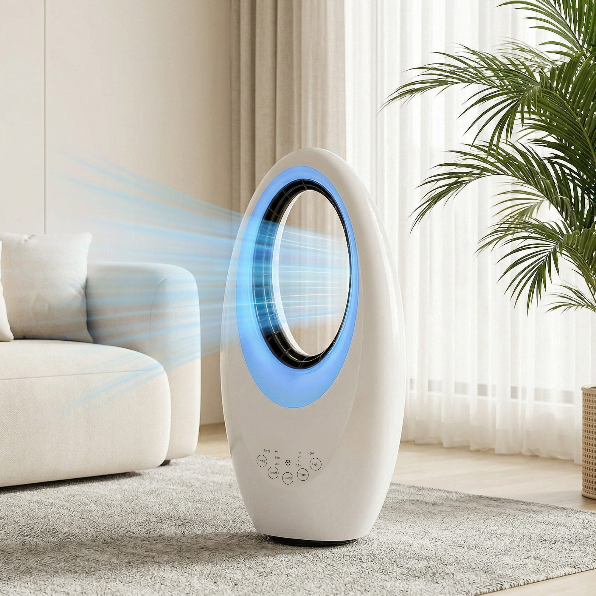 Bladeless Turmventilator, 36dB leiser Ventilator mit 60° Oszillation, LED-Beleuchtung, 3 Geschwindigkeiten, 7,5-Stunden-Timer, Fernbedienung