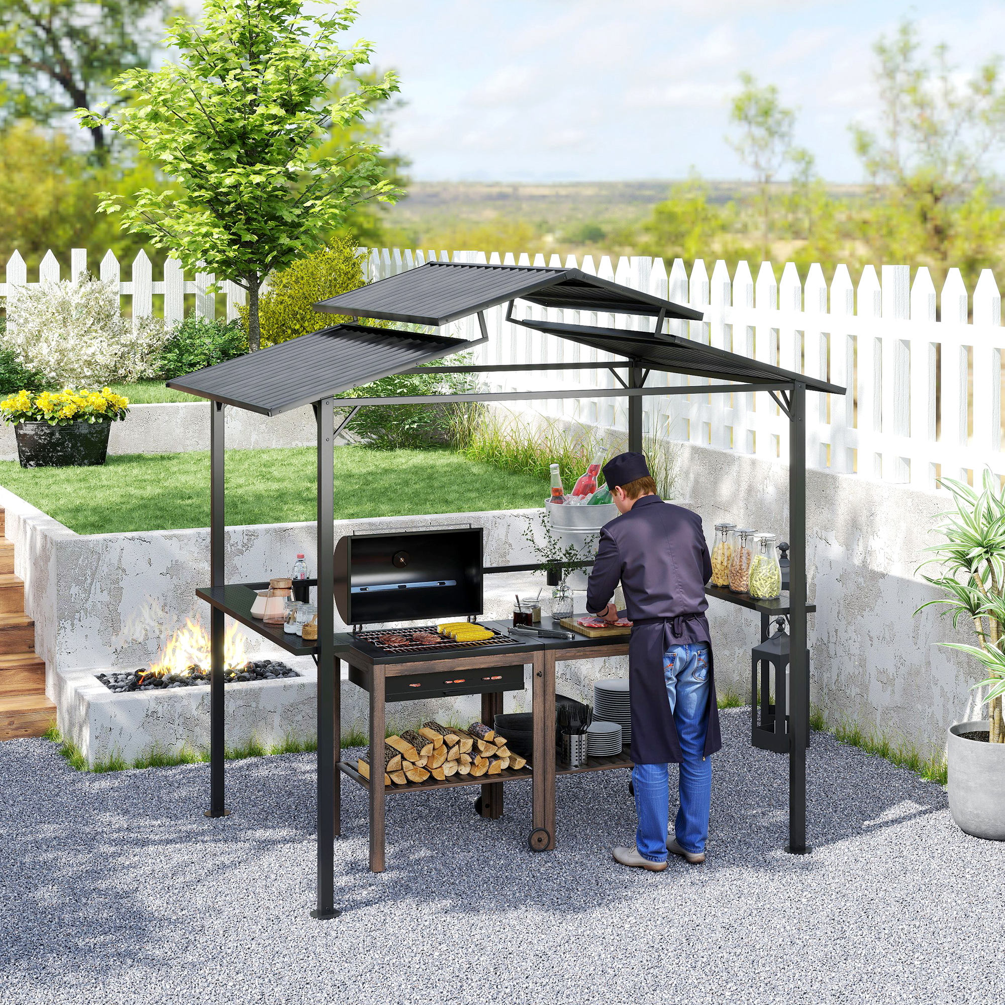 Grillpavillon 250 x 160 x 250 cm wasserdicht Gartenpavillon mit Doppelschichtdach, Seitenregalen Schwarz