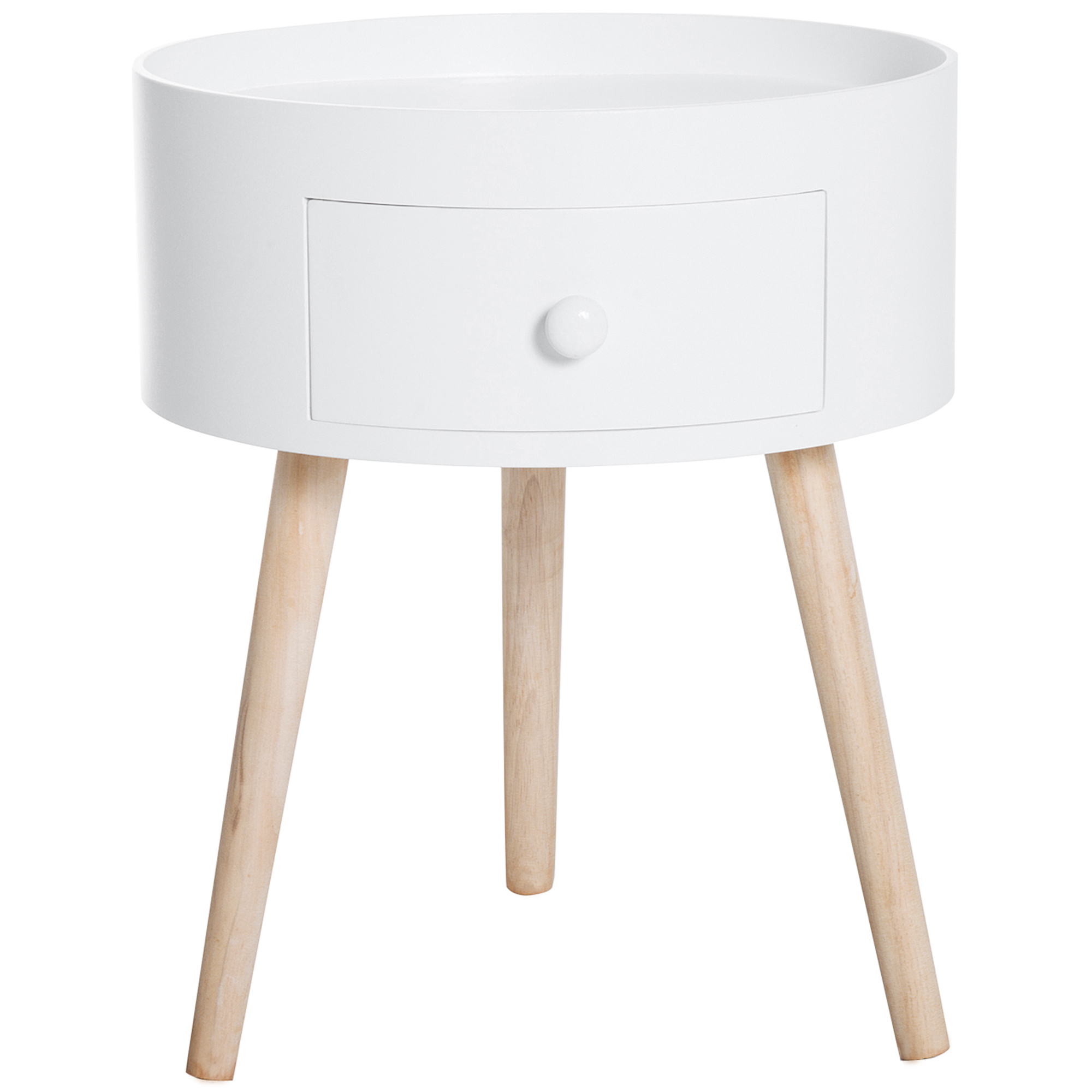 Couchtisch mit Schublade, rund, Skandi-Design, Schutzrand, Holz, Ø38 x H45 cm, Weiß