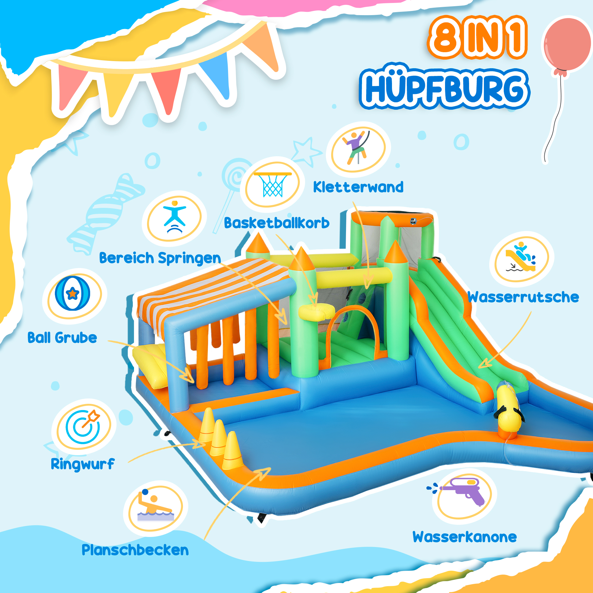 Hüpfburg für Kinder, mit Wasserrutsche, Planschbecken, Kletterwand, für drinnen und draußen, 360 x 315 x 195 cm, Bunt