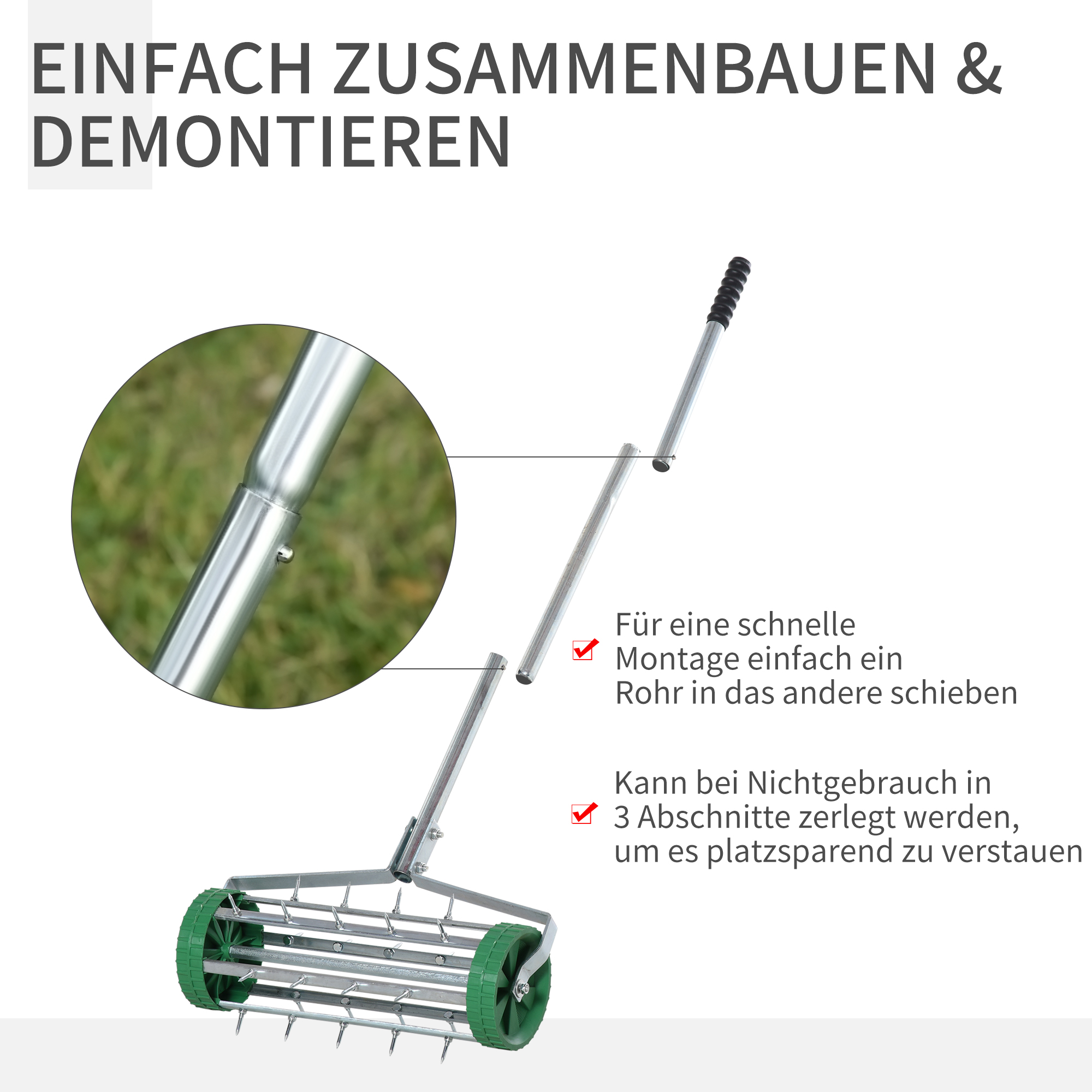 Rasenlüfter Grifflänge einstellbar Handvertikutierer Rasenbelüften Stachelwalze Rasen rollender Rasenlüfter pflegen Garten verzinktes Rohr Grün+Silber 139 x 43,5 x 15 cm