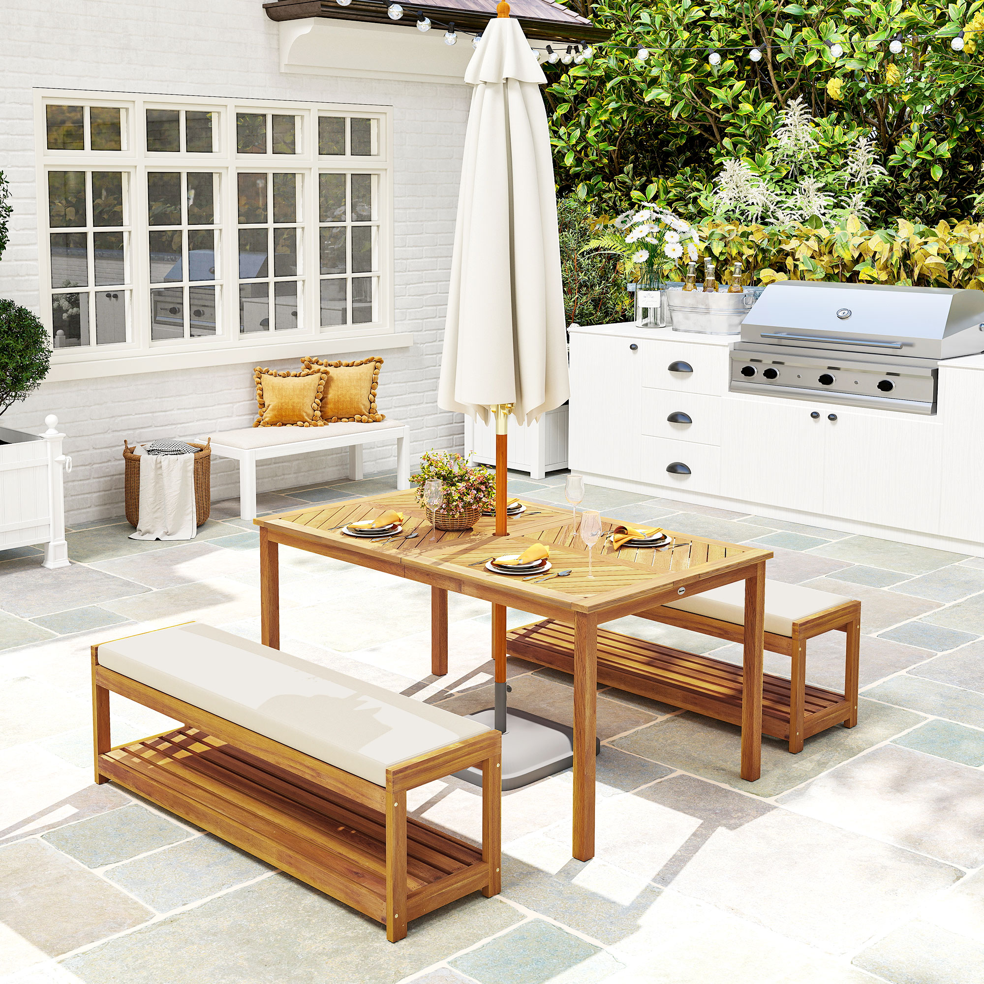 3 tlg. Gartenmöbel-Set, Sitzgarnitur inkl. 1 Esstisch mit Schirmloch, 2 Bänke 150 x 85 x 75 cm Teak