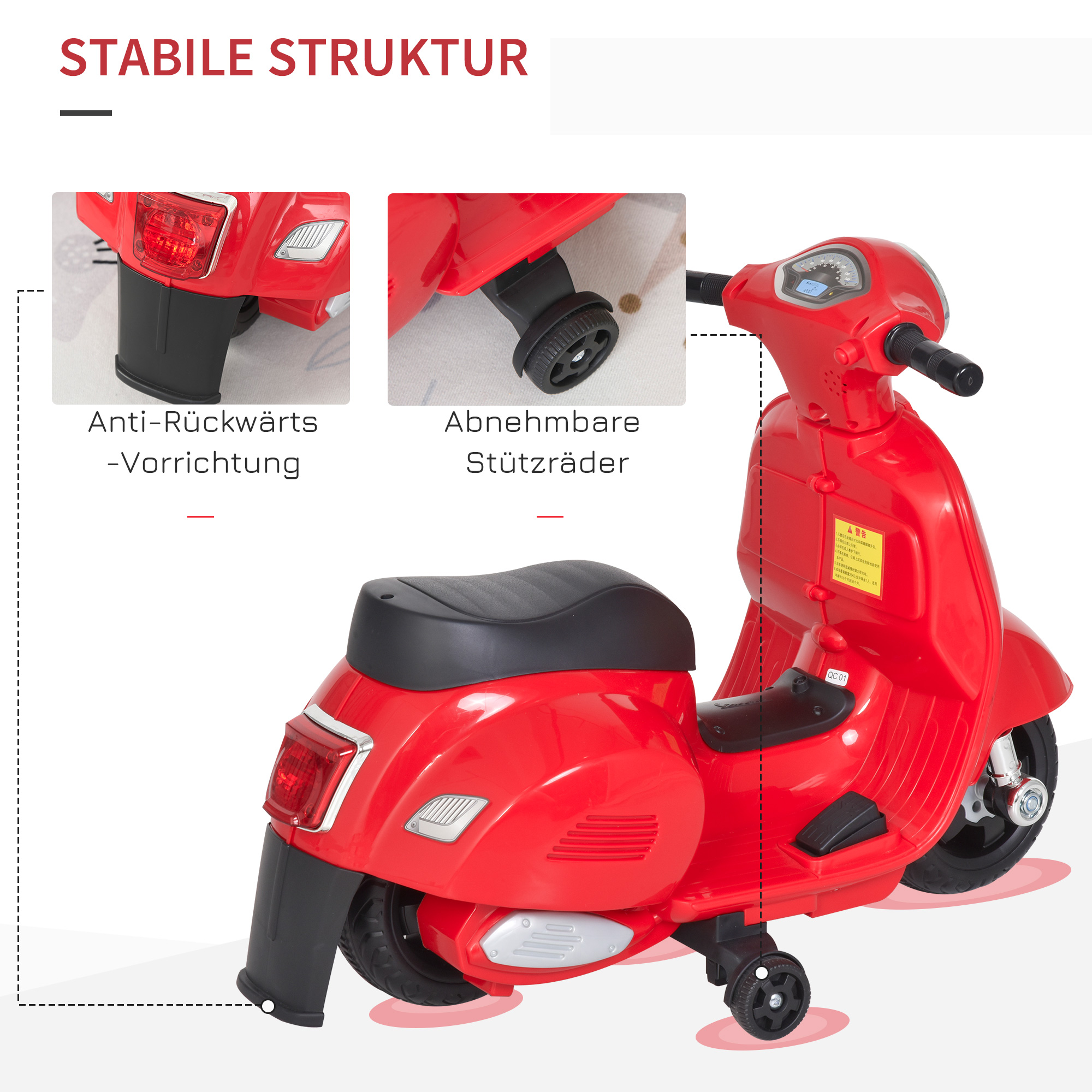 Elektro Kindermotorrad Vespa Elektromotorrad mit LED-Licht, Sound, Kinder Elektro Motorrad für Kinder von 18-36 Monate Rot
