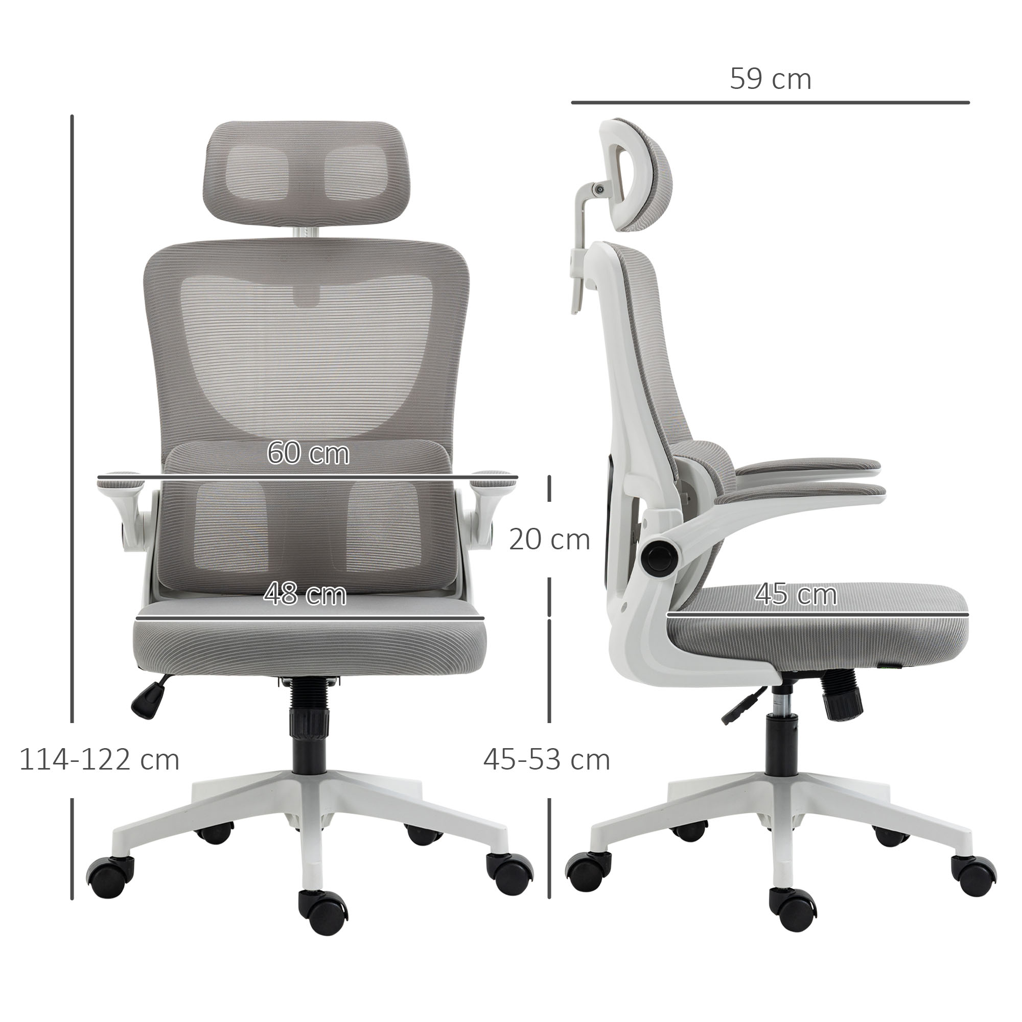 Bürostuhl, höhenverstellbar, verstellbare Kopfstütze, bis 120 kg, 60x59x114-122 cm, Grau