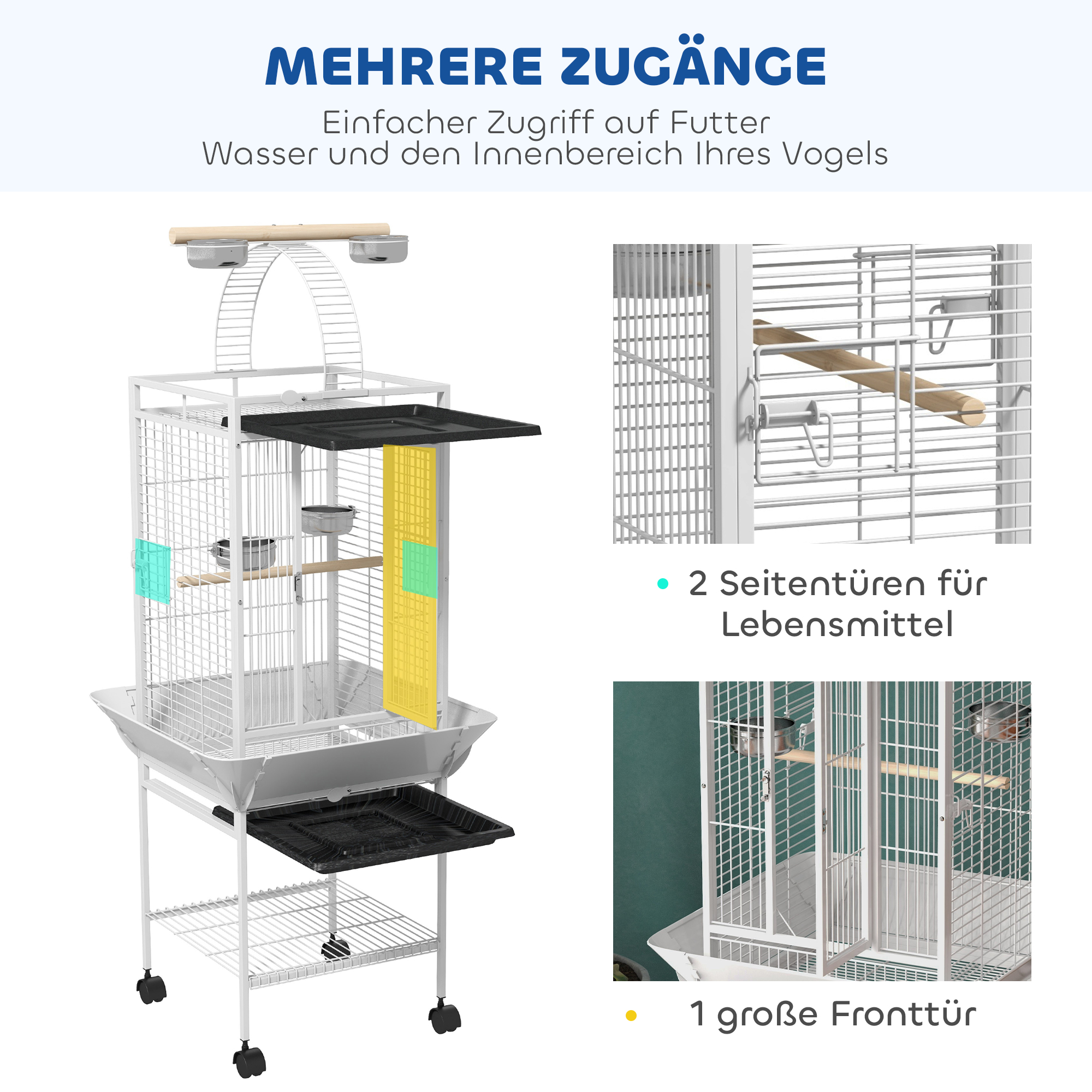 Vogelkäfig, Papageienkäfig mit 3 Türen, 2 Sitzstange, 360° Rollen, Futternapf, Ablage, Freisitz, 62,5x62,5x156cm, Weiß