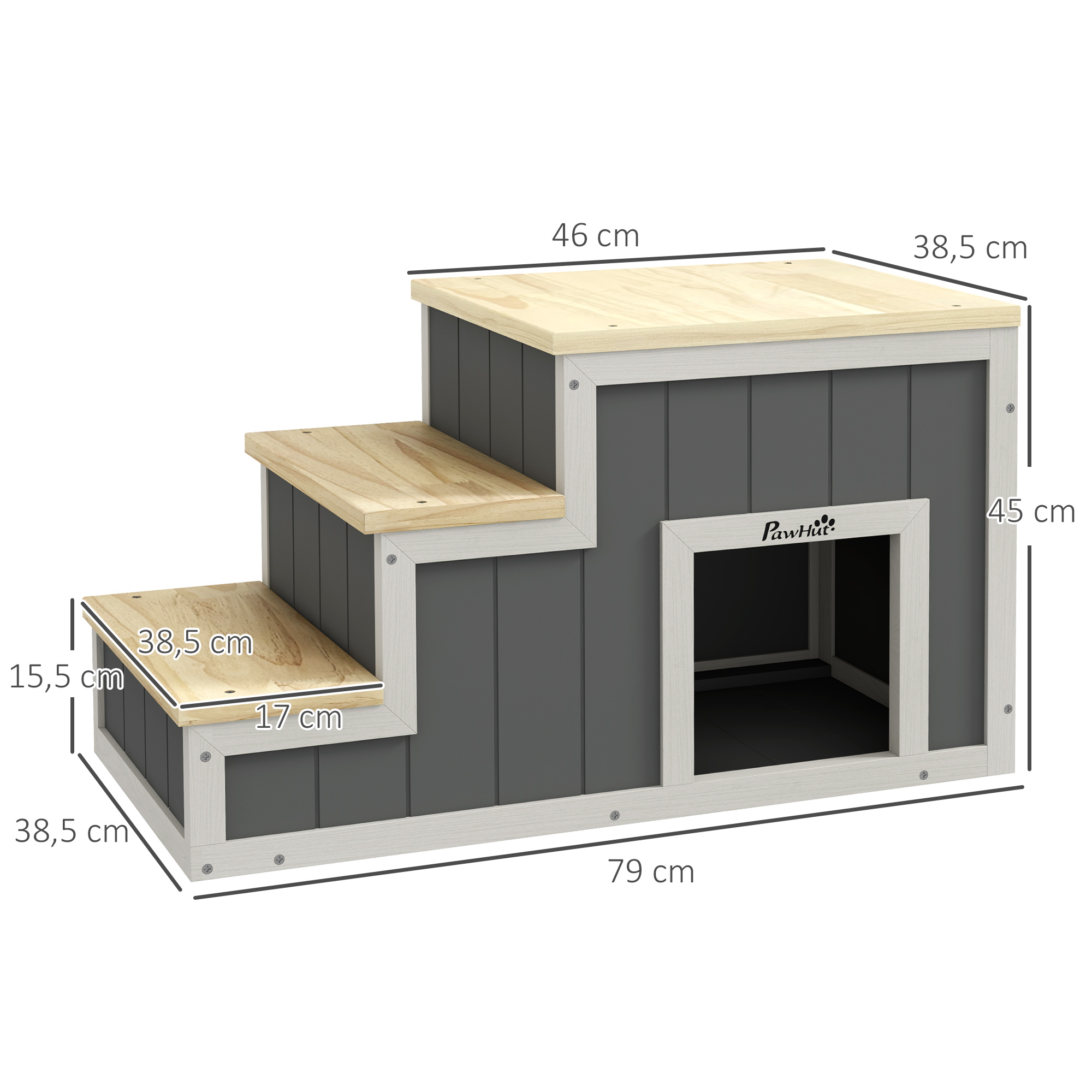 Haustiertreppe Hundetreppe, 3 Stufen, Kiefernholz, 79 cm x 38,5 cm x 45 cm, Natur + Weiß