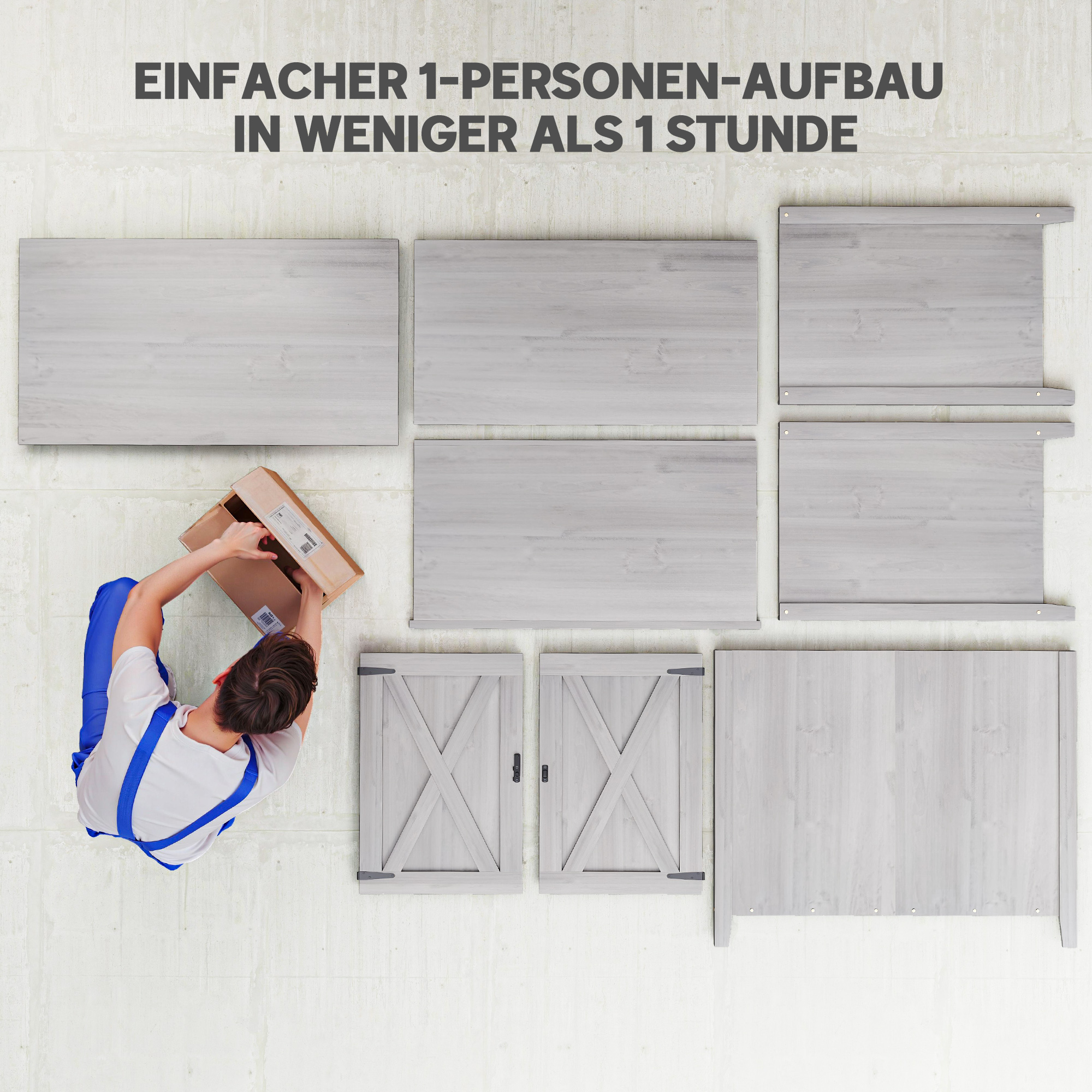 Gartenschrank, Holzschrank für Gartengeräte, Outdoor-Schrank für Terrasse, mit Doppeltüren, Scheunendesign, Hellgrau