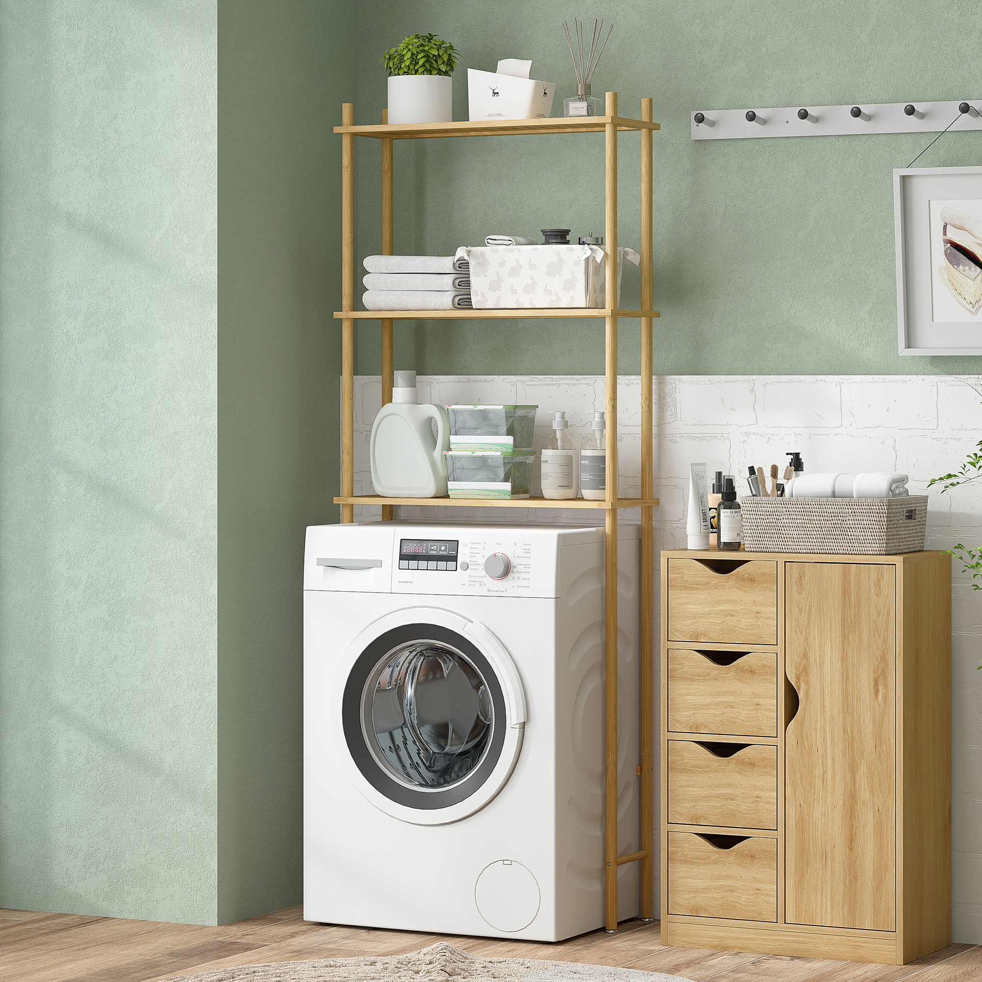 Toilettenregal 3 Ebenen Badezimmerregal, platzsparend Naturholz 69 x 25,5 x 181 cm