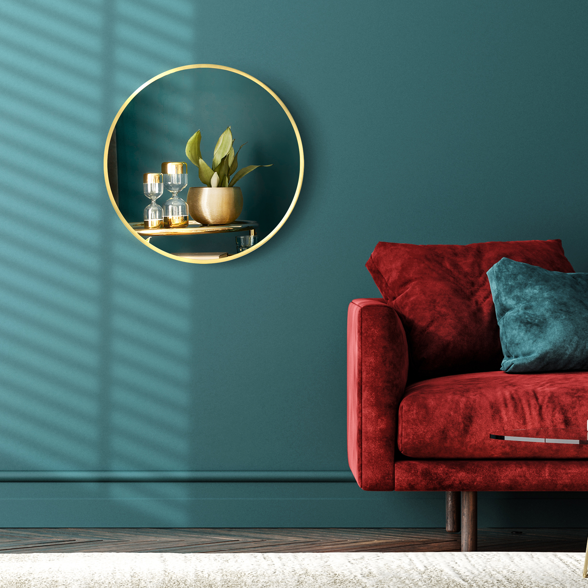 Runder Wandspiegel für Bad, Schlafzimmer, Flur, Metallrahmen, Farbe: Gold, Ø50 cm