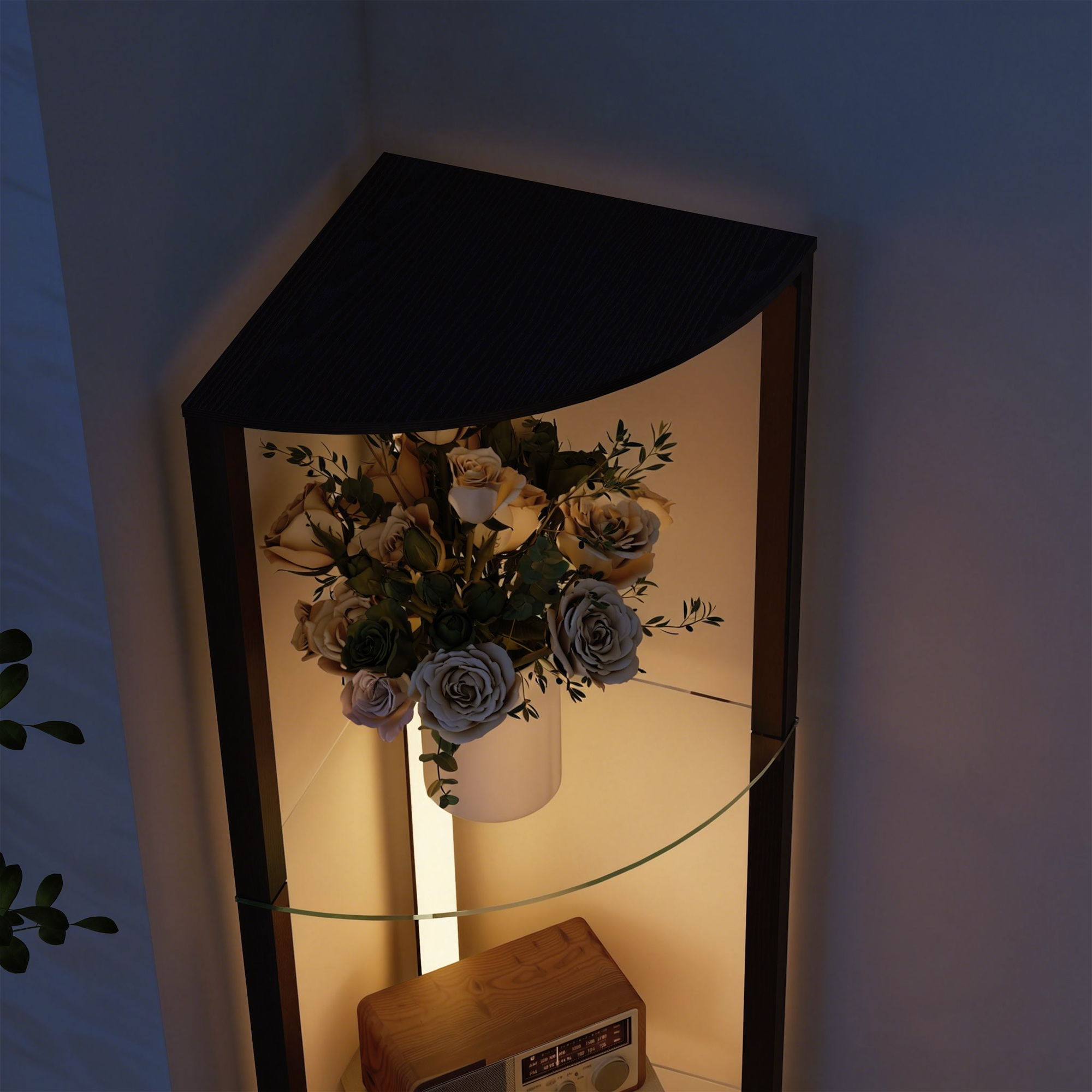 LED Stehlampe mit Glasregal Stehleuchte mit 3 Helligkeitsstufen Fußschalter für Wohnzimmer Schlafzimmer Schwarz
