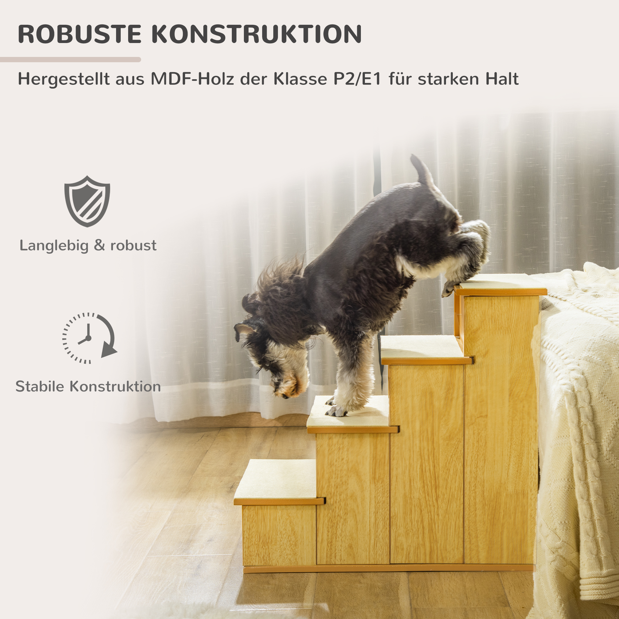 Haustiertreppe, für Hunde/Katzen, 4-stufig, Kurzplüsch, bis 30 kg, 40 x 59 x 54,2 cm, Natur