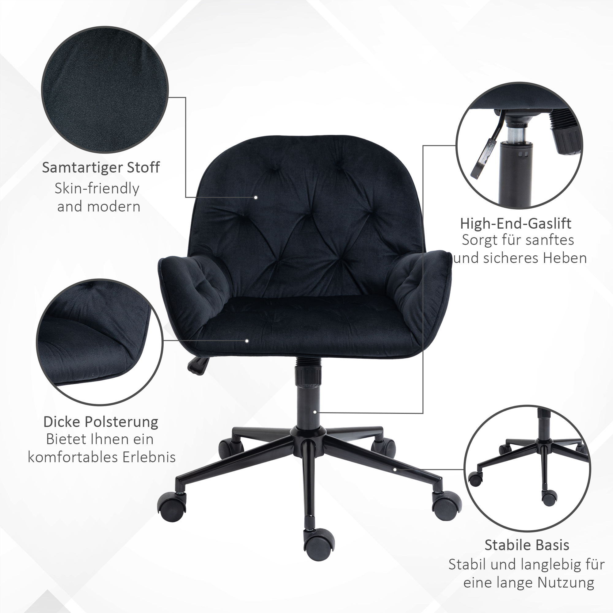Bürostuhl Drehstuhl Bürosessel höhenverstellbarer Chefsessel Stuhl Schreibtischstuhl Sessel Büro samtartiges Polyester Schwarz 60 x 61 x 81-91 cm