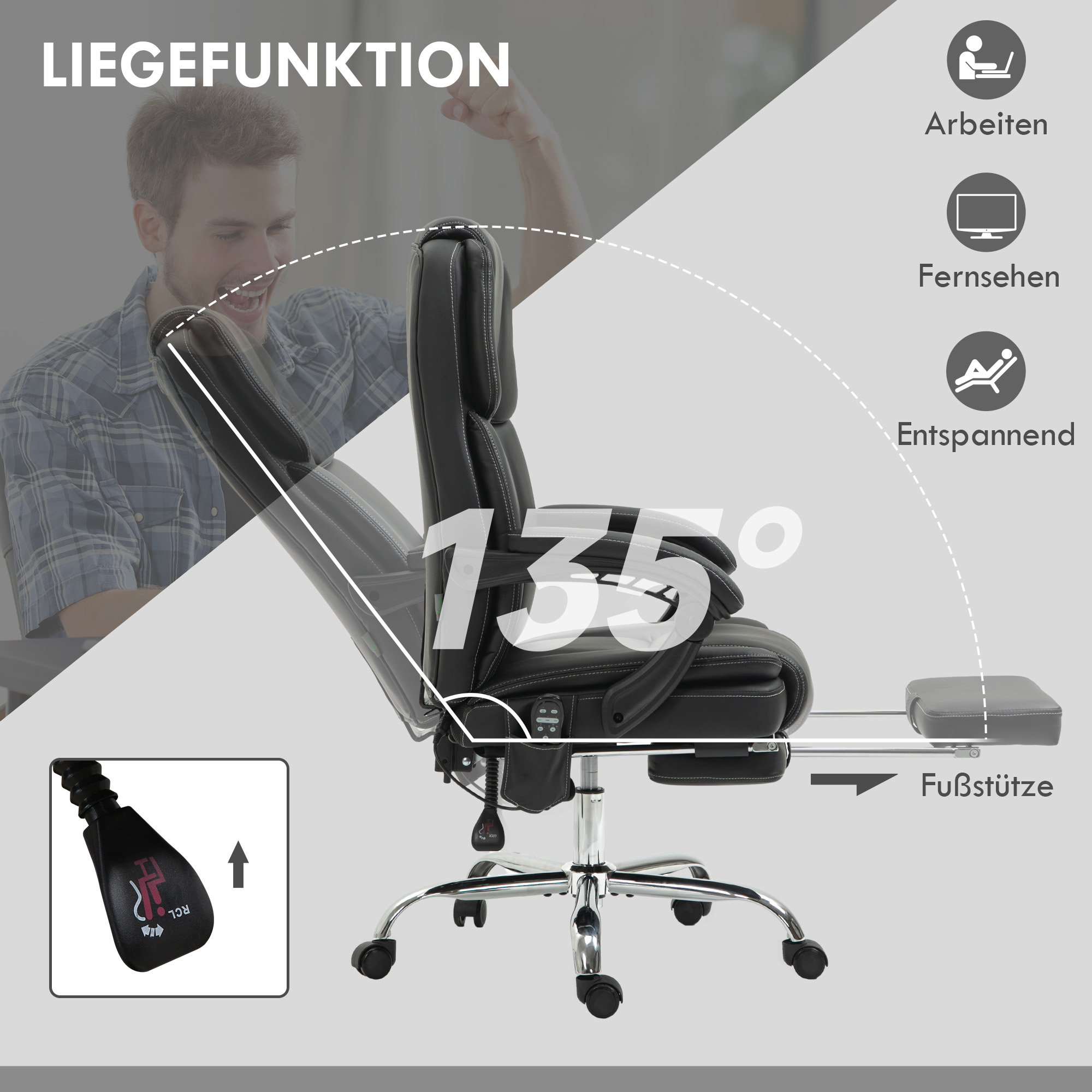 verstellbarer Bürostuhl mit 6 Massagepunkten, Wärmefunktion, Fußstütze, Kunstleder, Schwarz