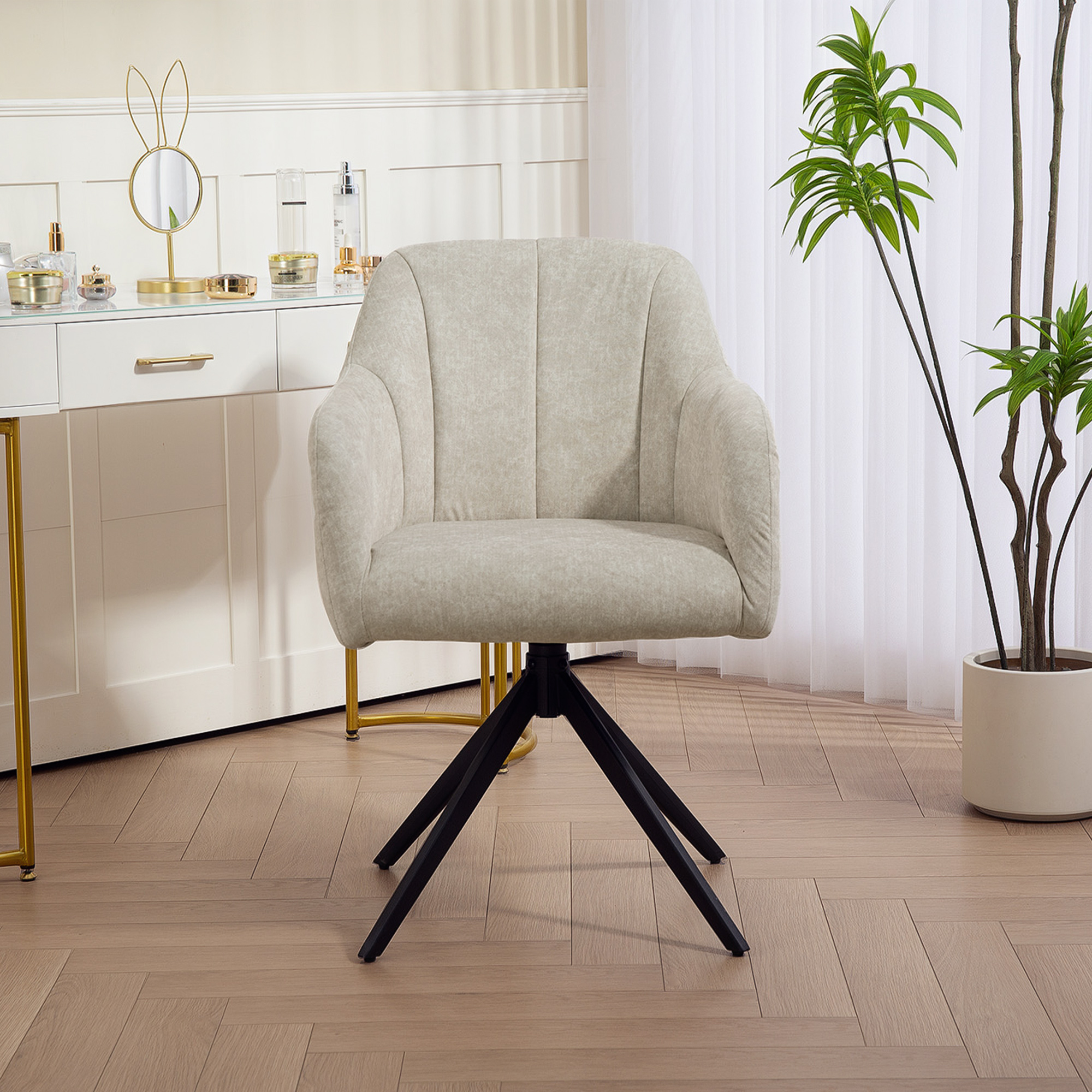 Drehbarer Akzentstuhl, Polsterstuhl mit Stoffbezug, Armlehnen, Stahlbeine, für Wohnzimmer, Schlafzimmer, Büro, Beige