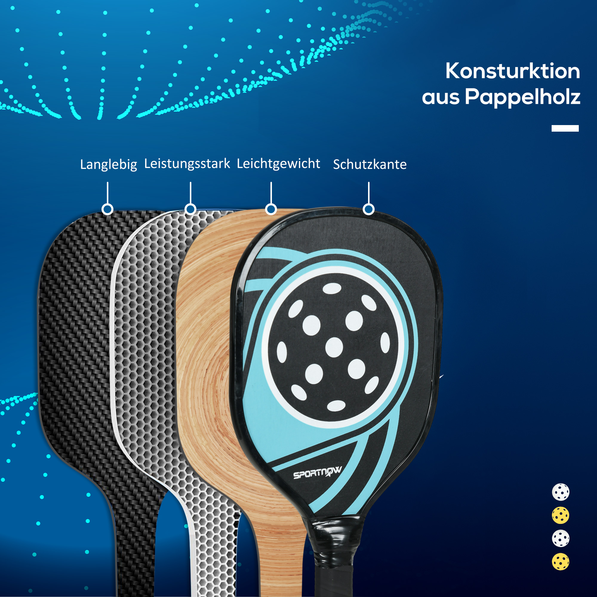 Pickleball-Set mit 4 Schlägern, 4 Bällen, Tragetasche, leicht und robust, Blau+Schwarz