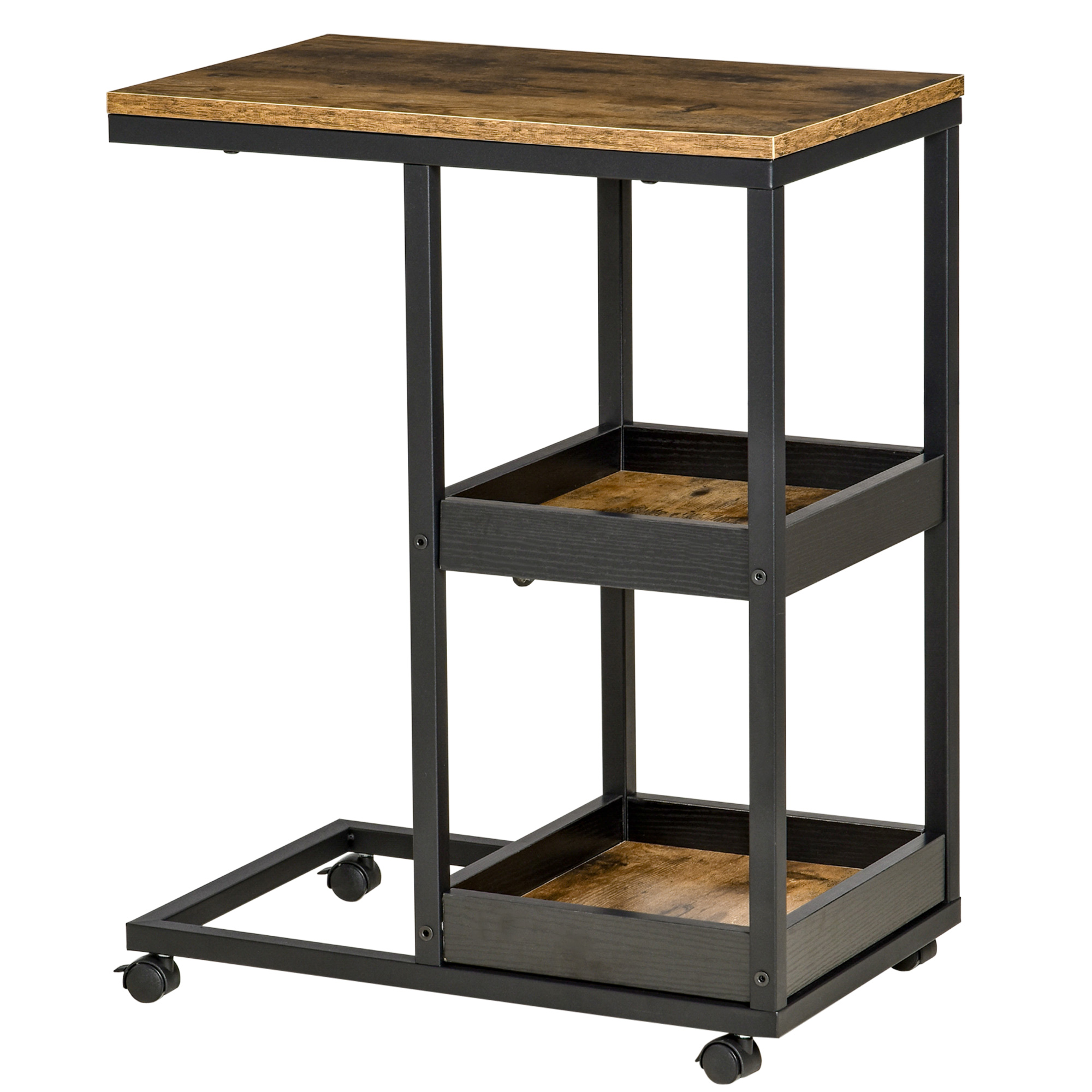 Beistelltisch mit Rädern für Sofa oder Bett, Industriestil, Stahl und Holz, Braun und Schwarz Beistelltisch mit Rädern für Sofa oder Bett, Industriestil, Stahl und Holz, Braun und Schwarz