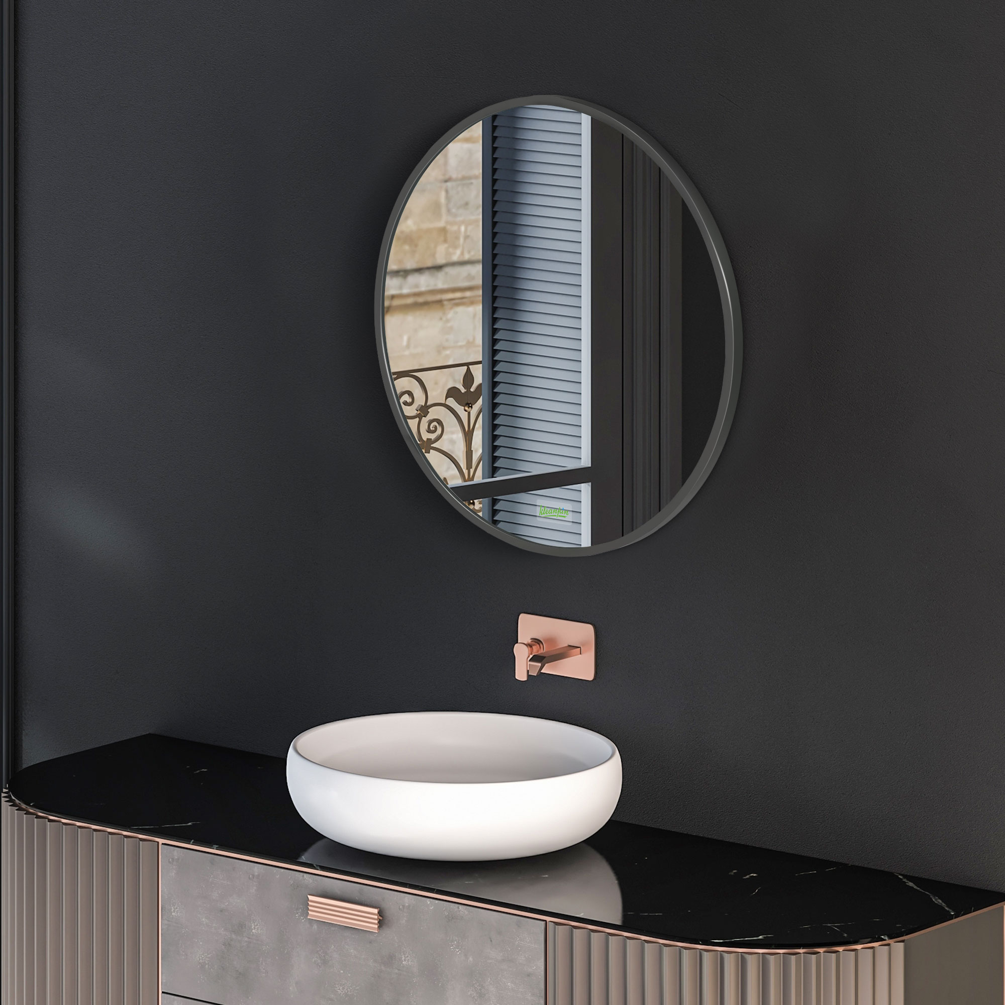 Runder Wandspiegel für Bad, Schlafzimmer, Flur, Metallrahmen, Farbe: Schwarz, Ø50