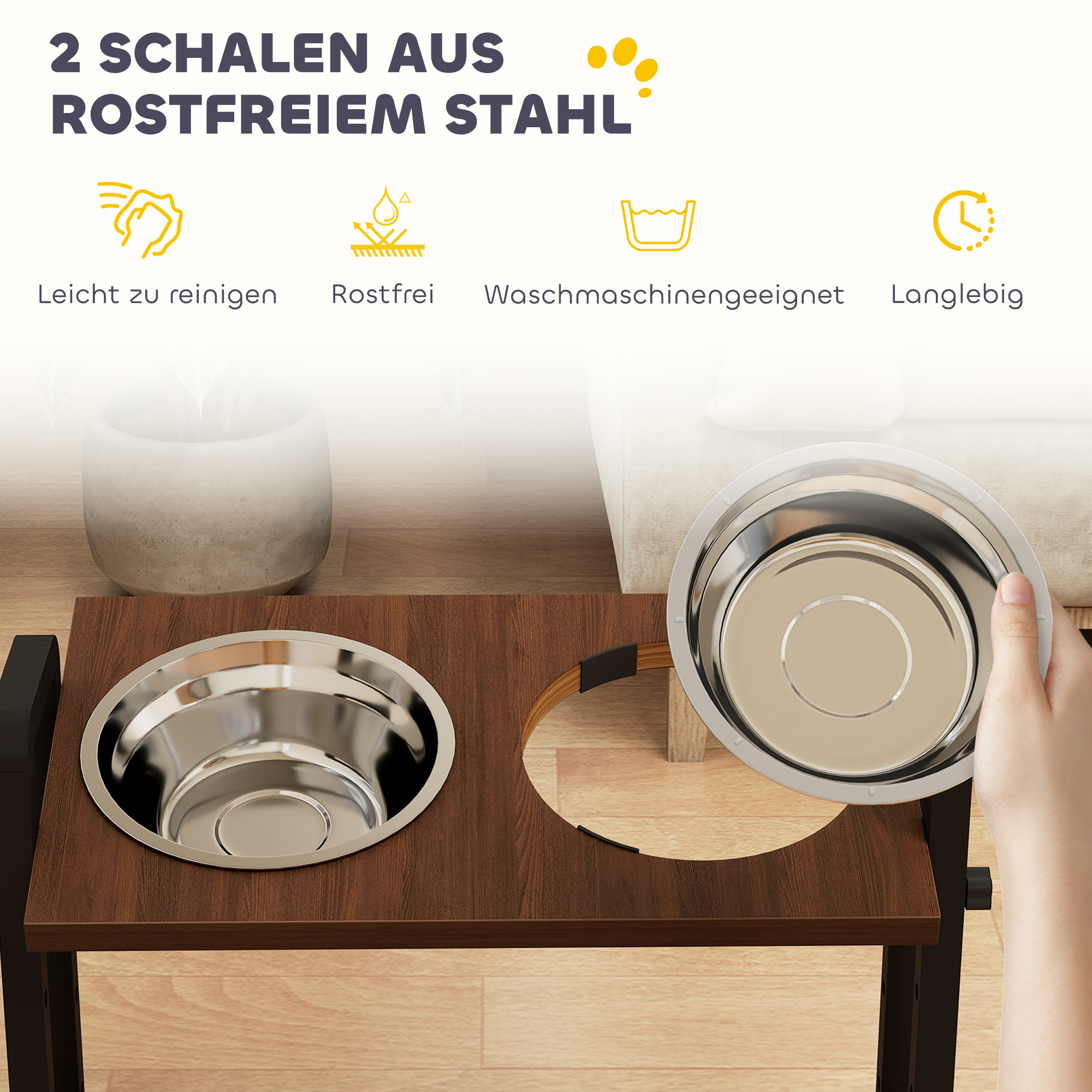 Hundenapf erhöht 4 höhenverstellbare Futternapf mit Ständer, 2 x 1,2 L Edelstahlnäpfen, 3 einstellbaren Winkeln, Braun