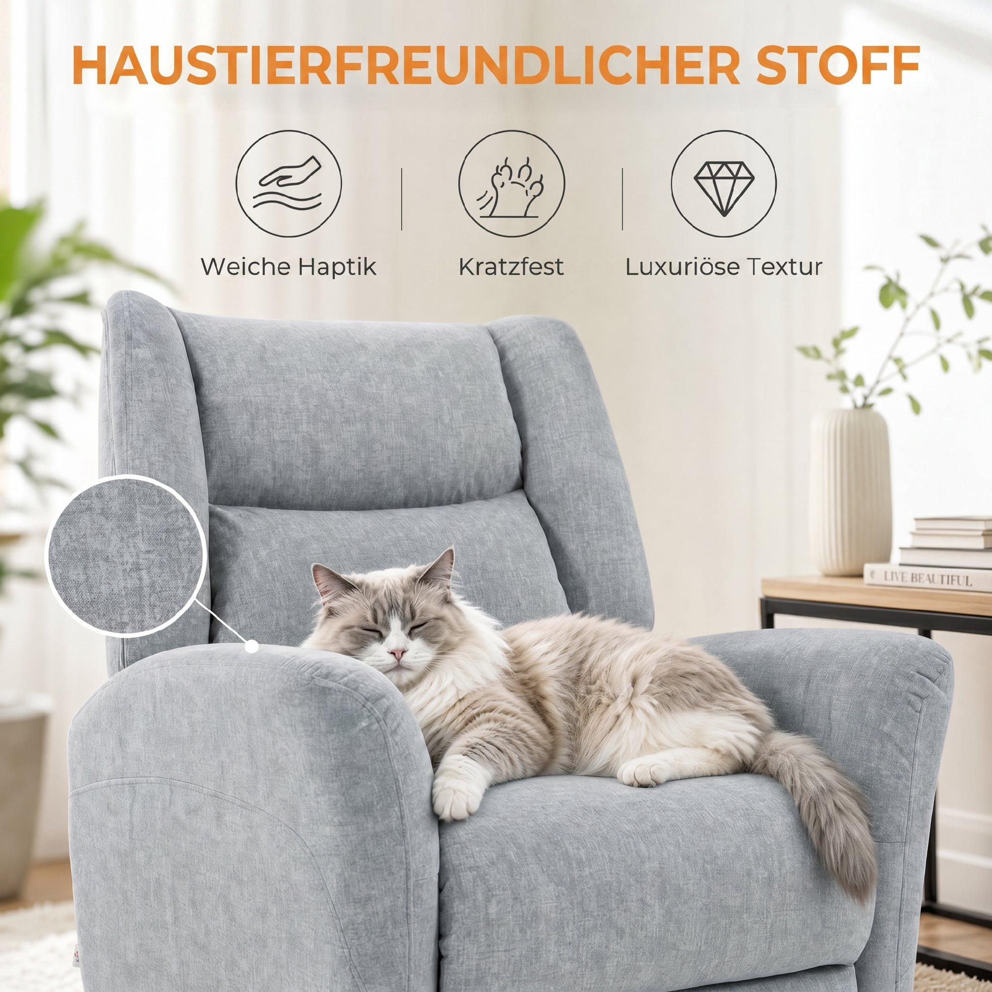Relaxsessel, Drehbarer Fernsehsessel mit Liegefunktion, Breitem Tiefem Sitz, Kratzfestem Stoff für Wohnzimmer, Hellgrau