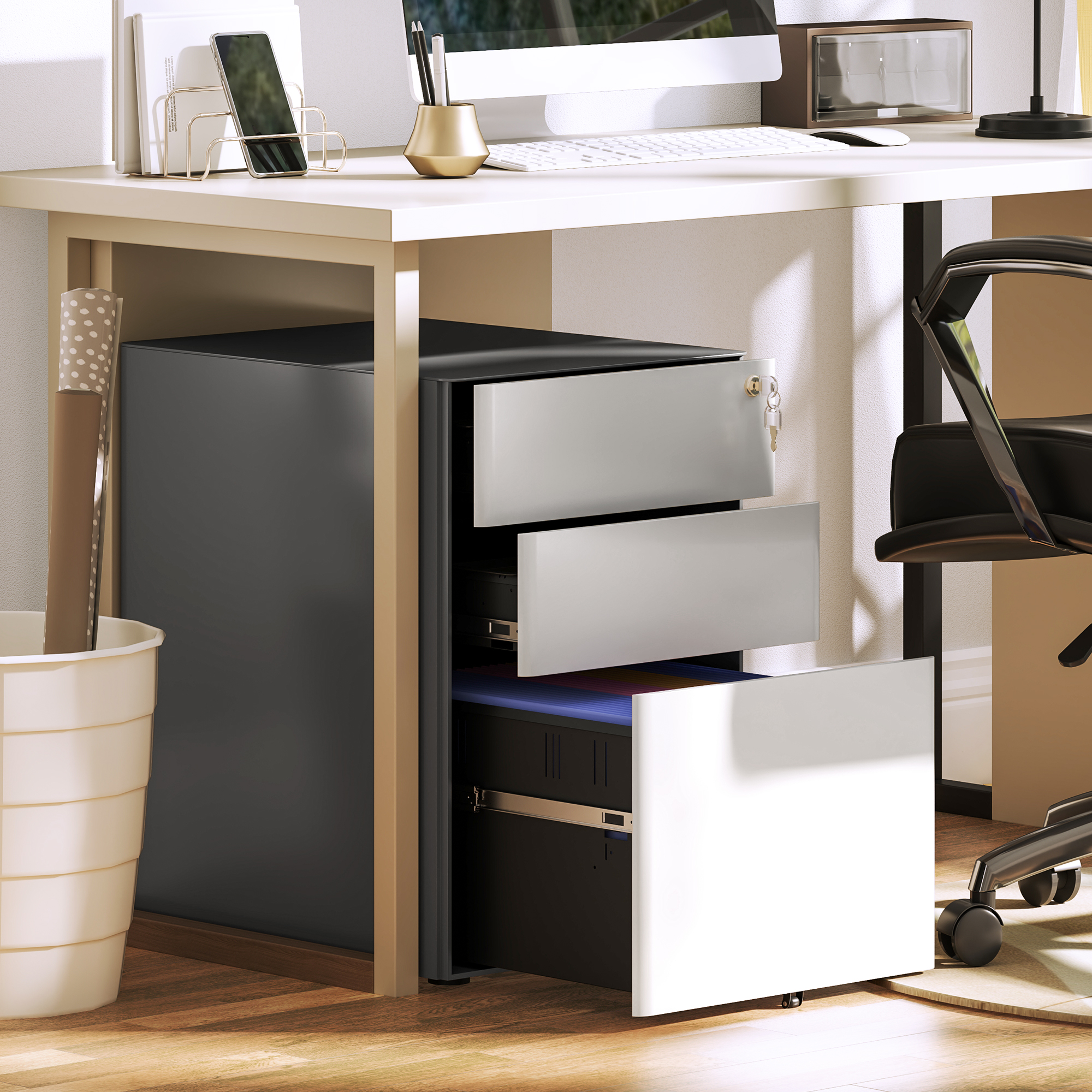 Aktenschrank, Rollcontainer, 3 Schubladen & Hängeregister, Schloss, Stahlgehäuse, 39x48x59 cm, Weiß+Grau