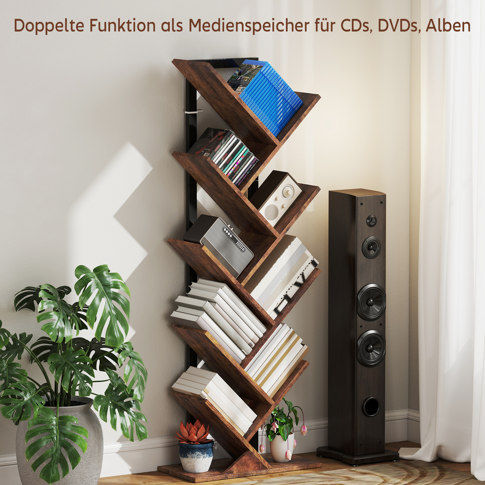 Bücherregal Standregal mit 9 Ebenen Schmal Regal im Baumform für Büro, Rustikal Braun
