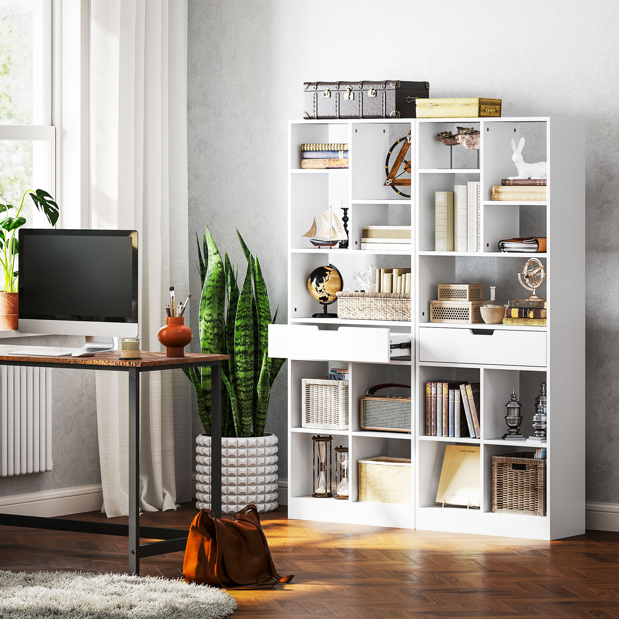 Bücherregal, Mehrzweckregal, 9 Fächer, Schublade, Kippschutz, 60 x 26 x 158 cm, Weiß