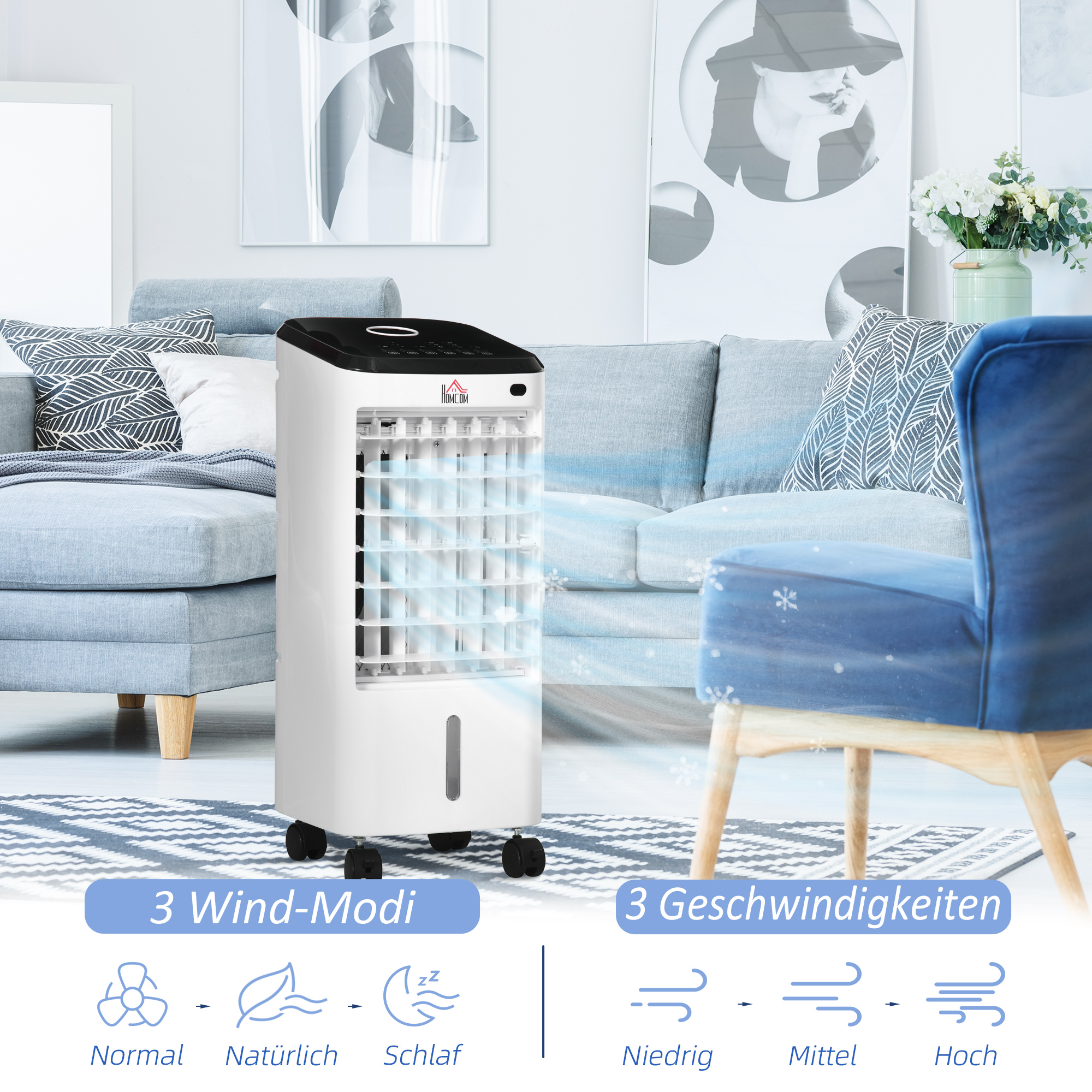 Luftkühler, 3 Modi, Timerfunktion, 24,5 cm x 27 cm x 60 cm, Cremeweiß + Schwarz