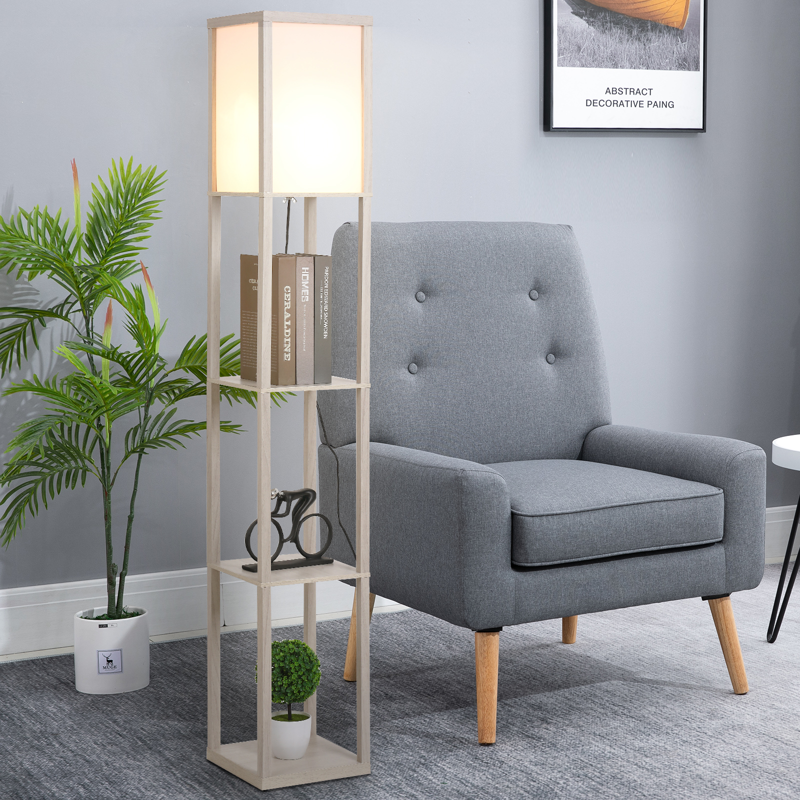 Stehlampe mit Regalen, Stehleuchte, Holz, 26 x 26 x 160 cm, für Wohn-/Schlafzimmer (Ohne Glühbirne)