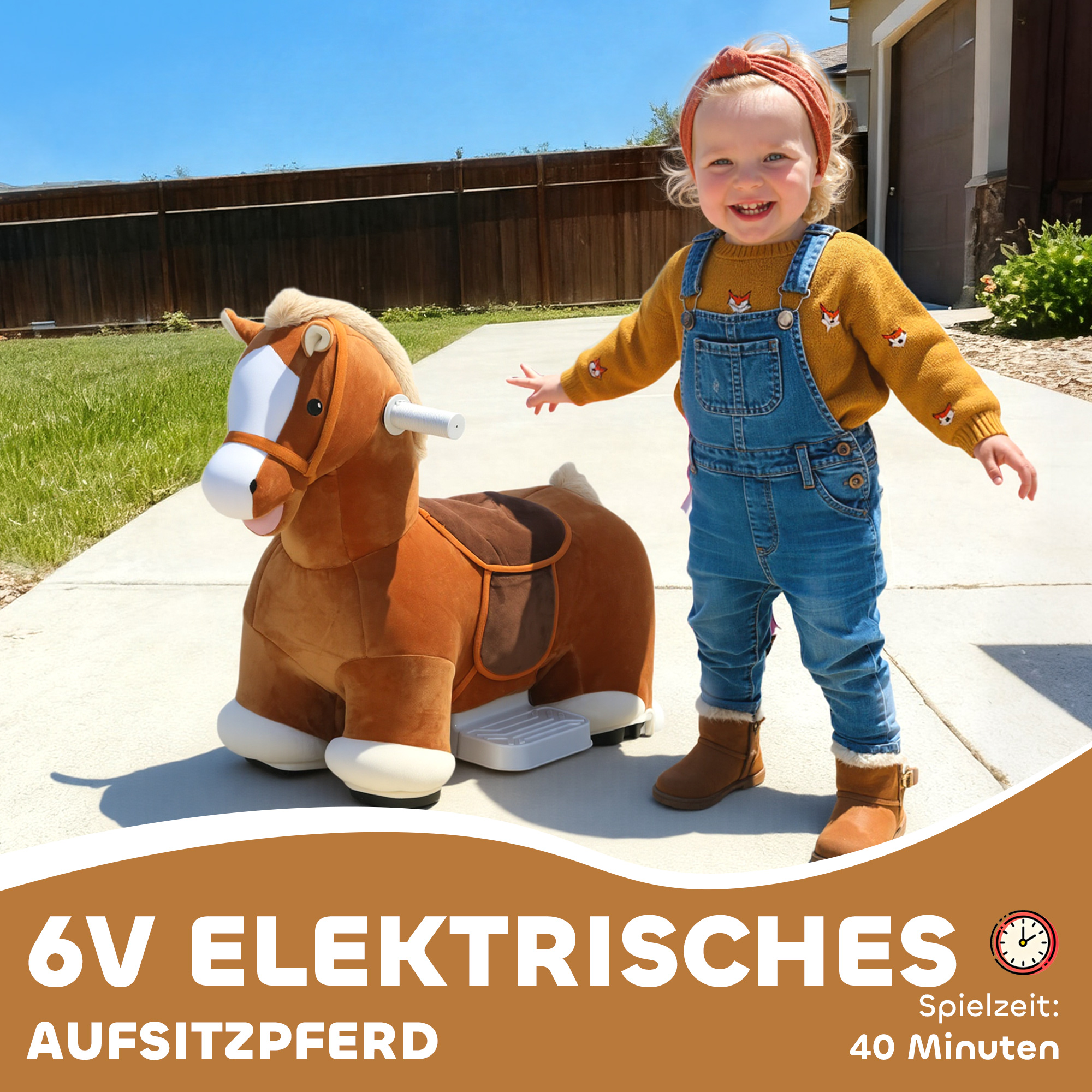 fahrbares Reitpferd für Kinder, weicher Bezug, Batteriebetrieb, Musik, Räder, 1,5-5 Jahre, Braun